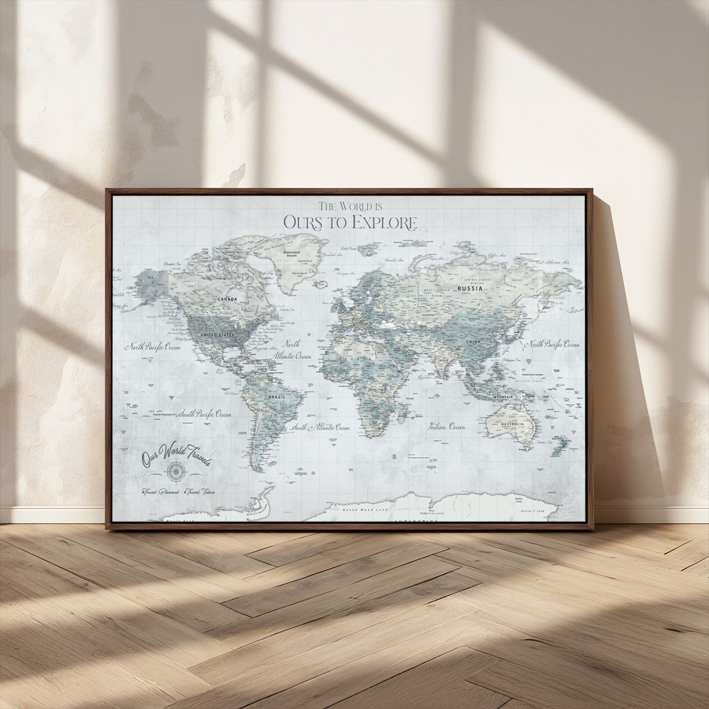 73654056-MGV-FC-36X24 - Personalized Push Pin World Map Canvas Print – Custom Framed Travel Tracker Artwork for Couples or Home Decor