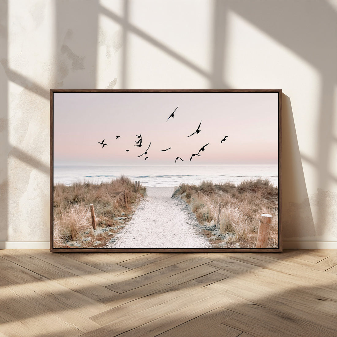 Coastal Pathway Canvas Wall Art Print, Framed Seaside Landscape with Beach and Birds