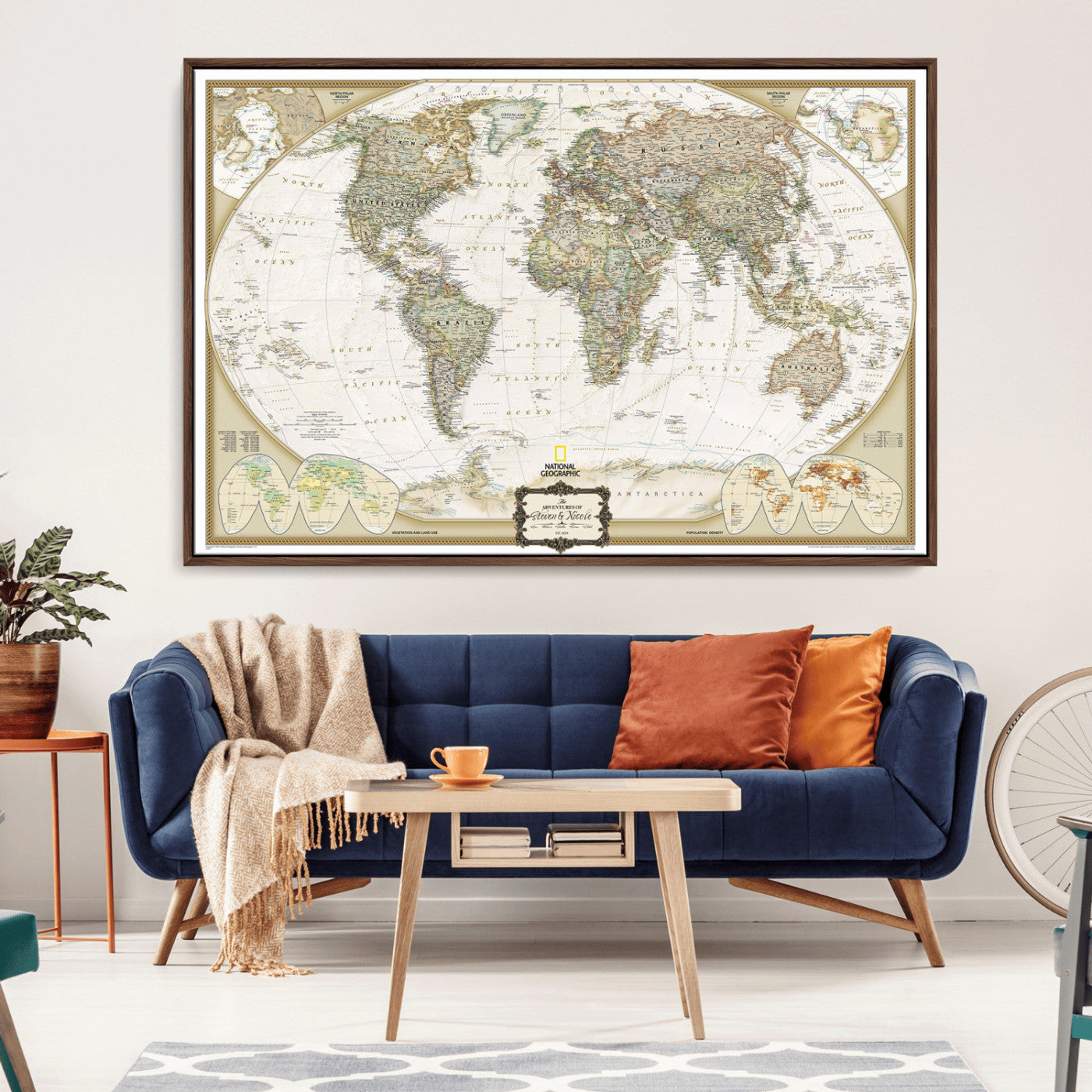 -World Map Wall Art Canvas – National Geographic Style Framed Map Print, Elegant Educational Wall Decor for Home, Office