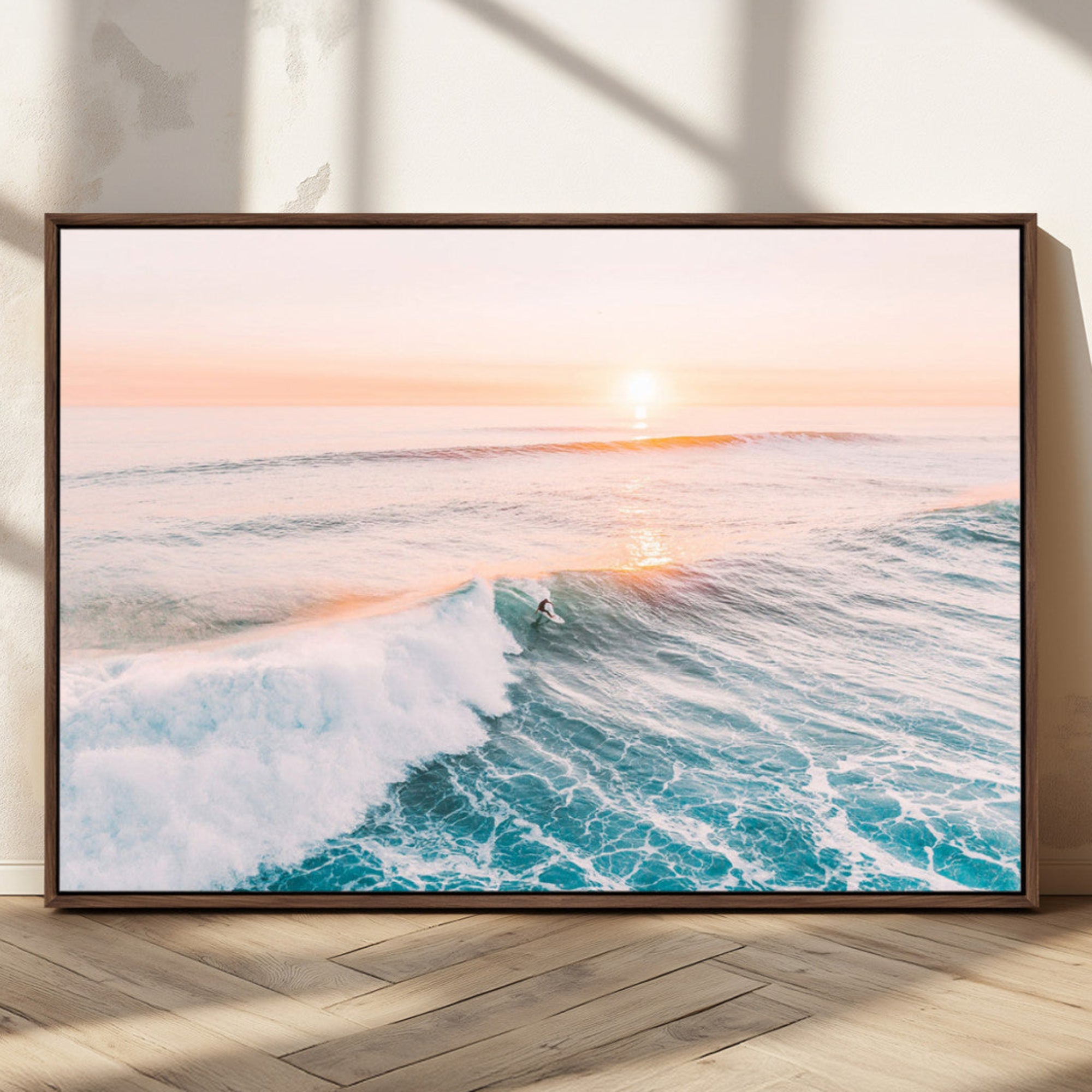 34064591-MGV-CV-36X24-Sunset Surfing Wall Art Canvas Print, Ocean Wave Surfer with Golden Sky Artwork for Home, Office, Living Room