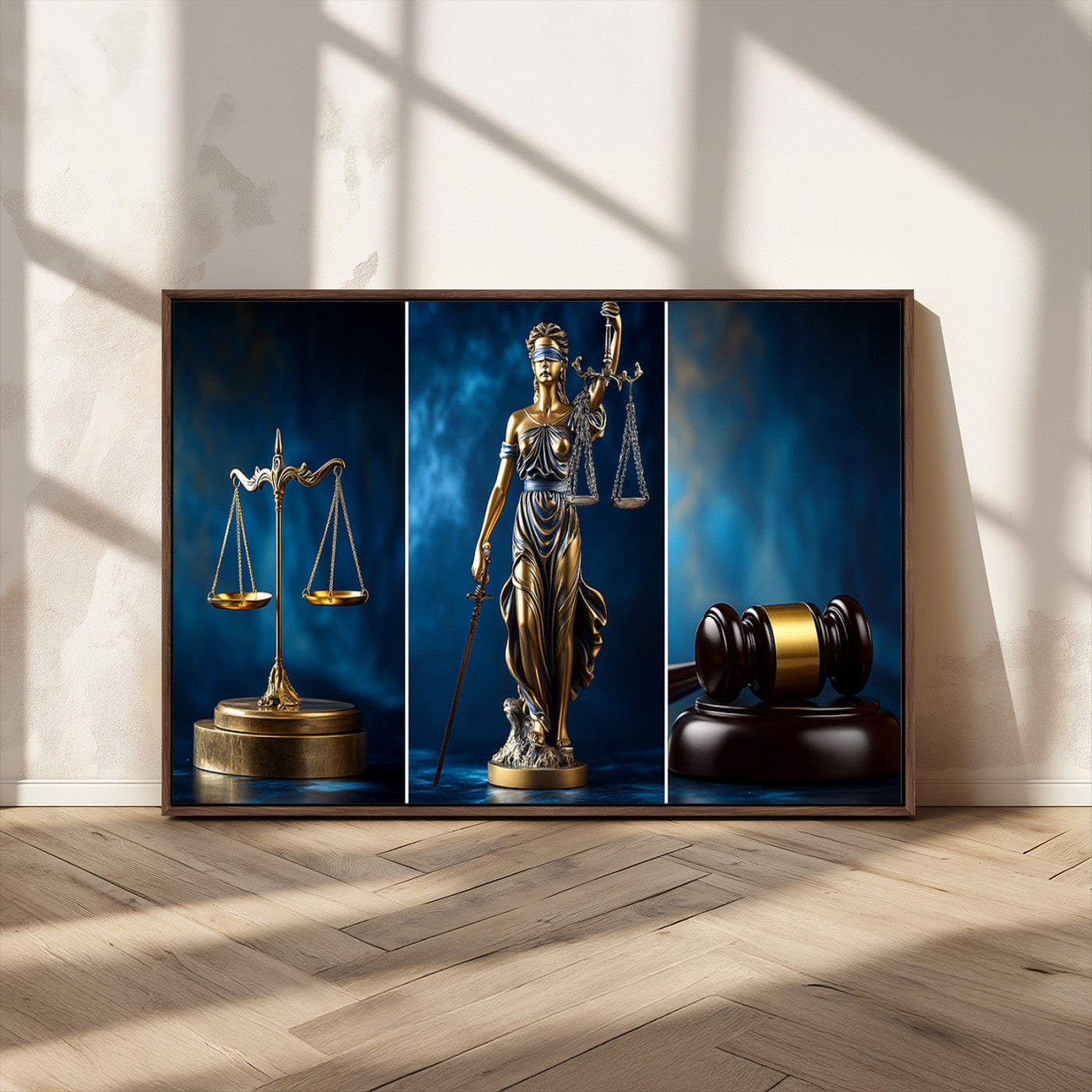 87750525-MGV-CV-36X24-Justice Scales Statue Wall Art, Lady Justice Sculpture Canvas Print, Legal Law Decor, Courtroom