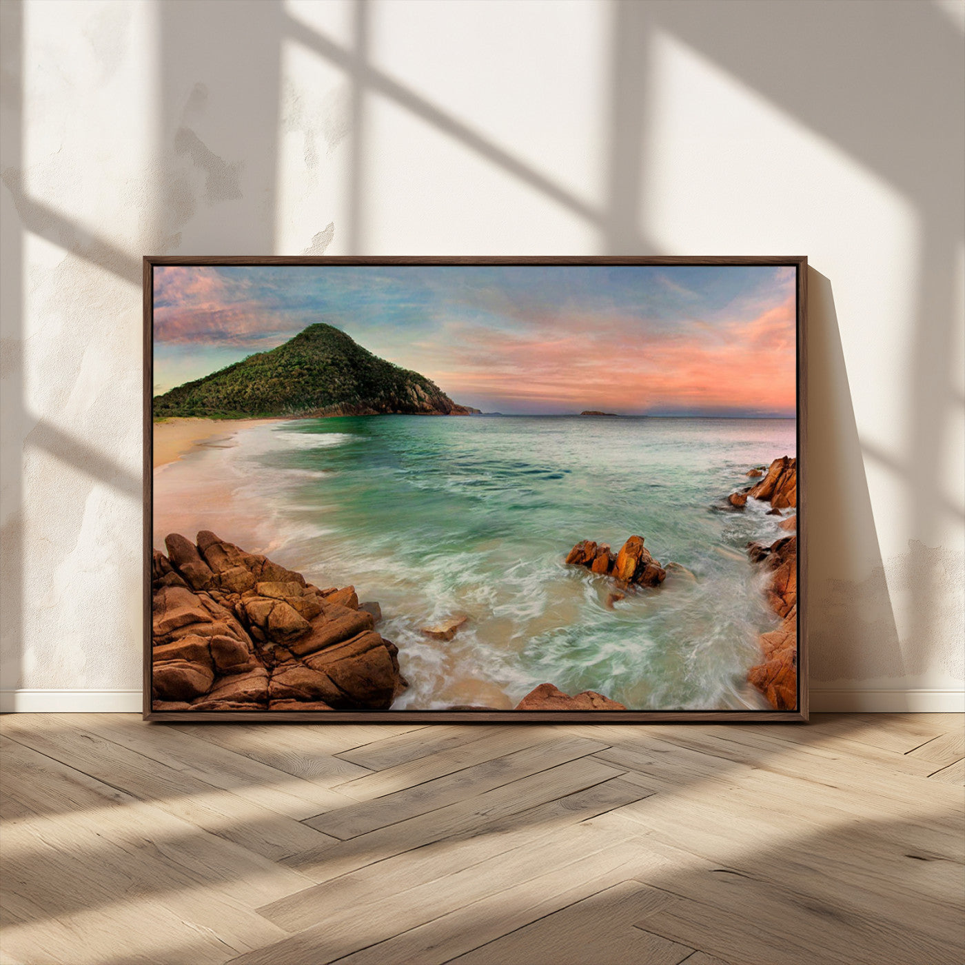 53831025-MGV-CV-36X24-Stunning Coastal Landscape with Rocky Shore and Green Hills at Sunset – Beautiful Ocean View Wall Art Canvas Print for Serene Home Decor.