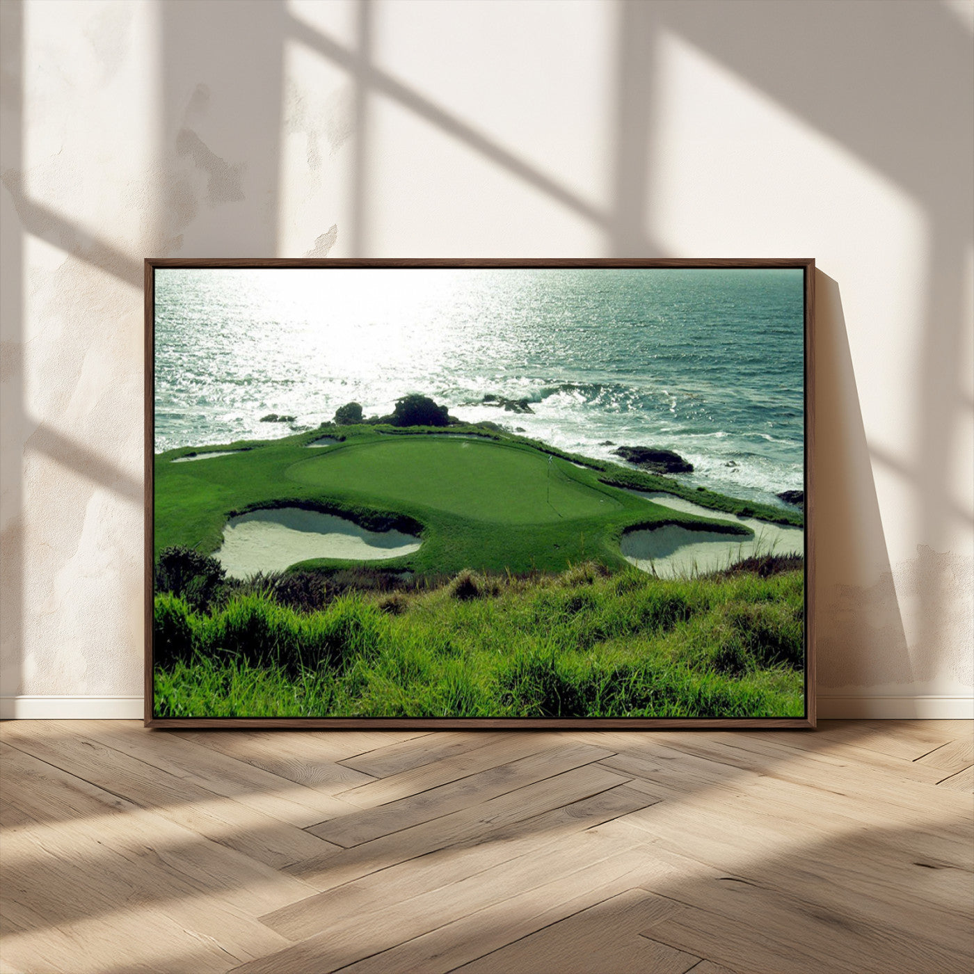 -Coastal Golf Course Wall Art Canvas Print – Scenic Green Surrounded by Sand Bunkers and Ocean Waves Artwork for Home, Office