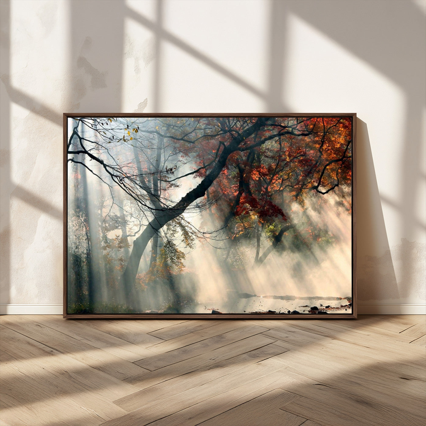 36043878-MGV-CV-36X24-Sunlit Autumn Forest Wall Art Canvas Print – Framed Mist Trees Scene with Peaceful Rays Artwork for Home, Office