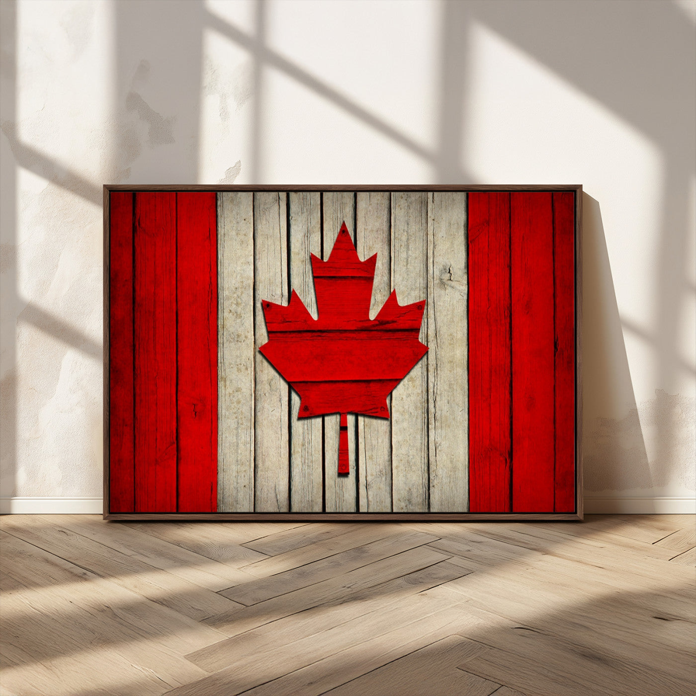 22674-MGV-FC-36X24_Walnut-Rustic Canada Flag Wall Art – Framed Canadian Flag Canvas Print, Vintage Wood Texture Home or Office Decor