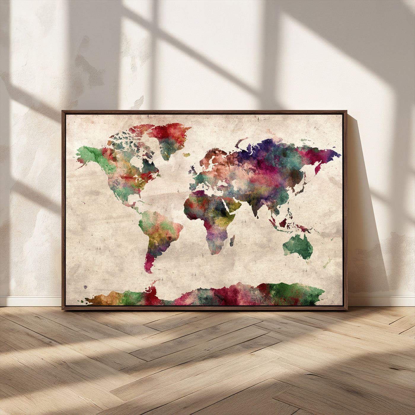 -Watercolor World Map Canvas Print – Framed Push Pin Wall Art for Couples, Colorful Travel Map Artwork for Elegant Home and Office Decor