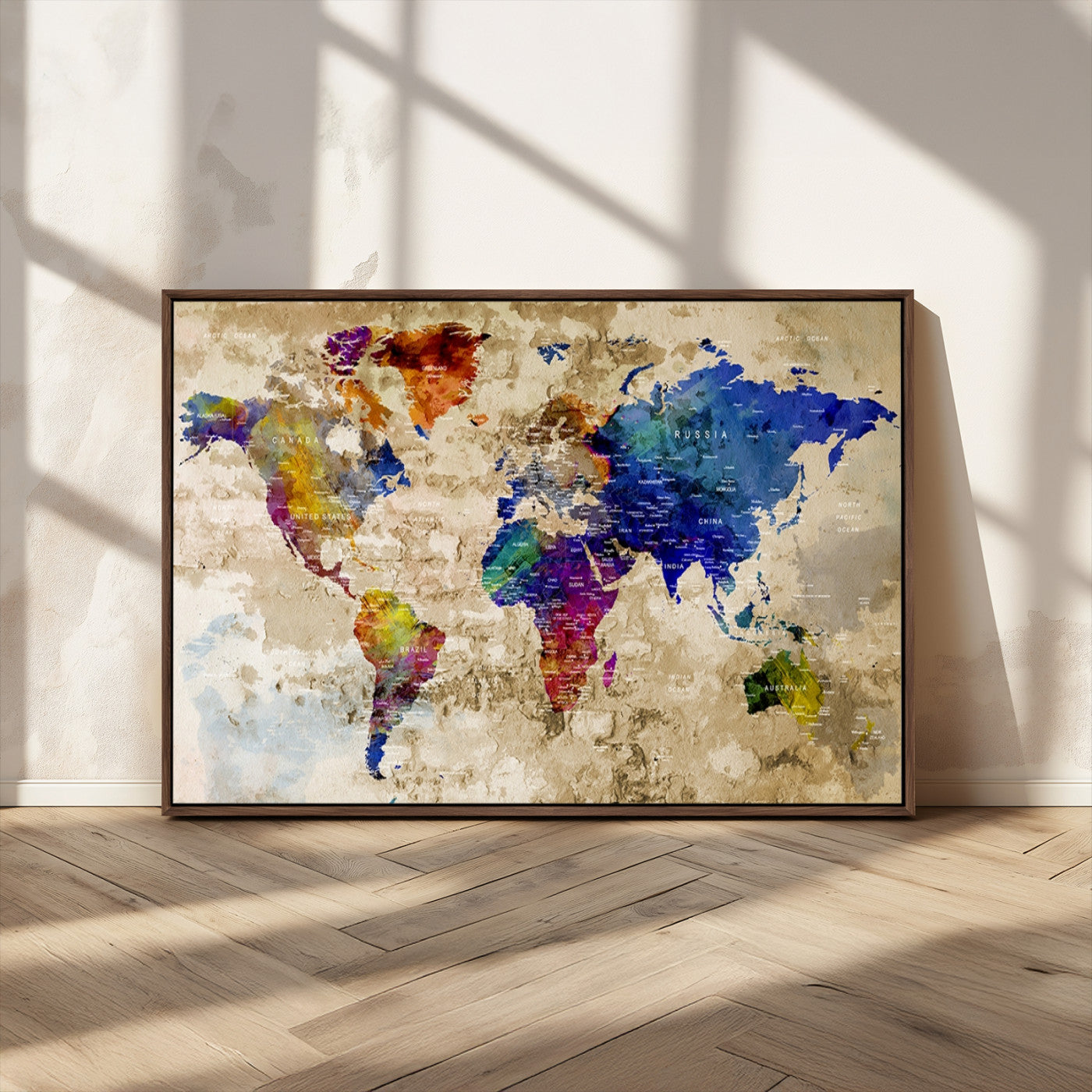 92939-MGV-CV-36X24-Colorful World Map Canvas Wall Art – Abstract Watercolor Map Print, Modern Travel Decor for Home Office or Study