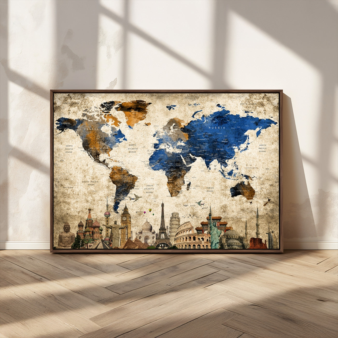 20261-MGV-CV-36X24-World Map Canvas Print – Vintage Blue and Gold World Map Wall Art, Framed Travel Inspired Decor for Living Room or Office