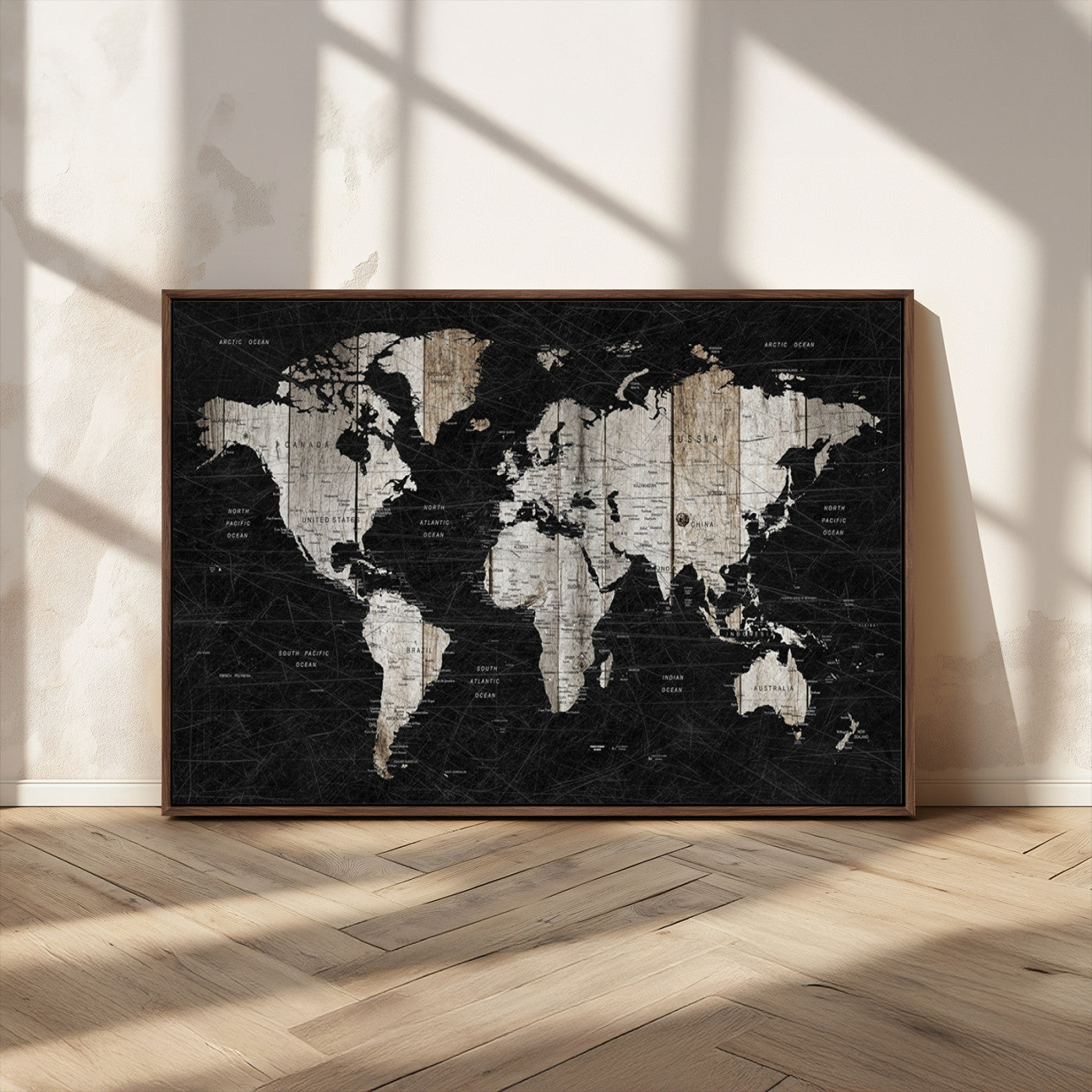 89998-MGV-CV-36X24-Rustic Black and Wood World Map Canvas Wall Art – Framed Push Pin Travel Map for Home and Office Decor, Modern Vintage Wall Artwork