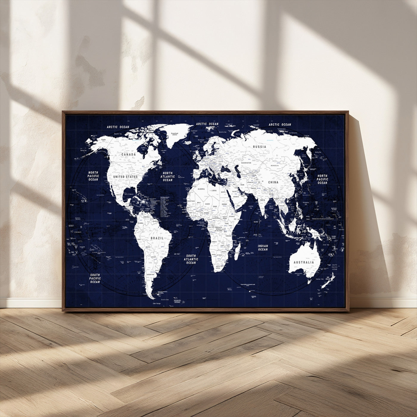 -Navy Blue World Map Canvas Print – Modern Push Pin Travel Map Wall Art, Framed Contemporary Decor for Home or Office