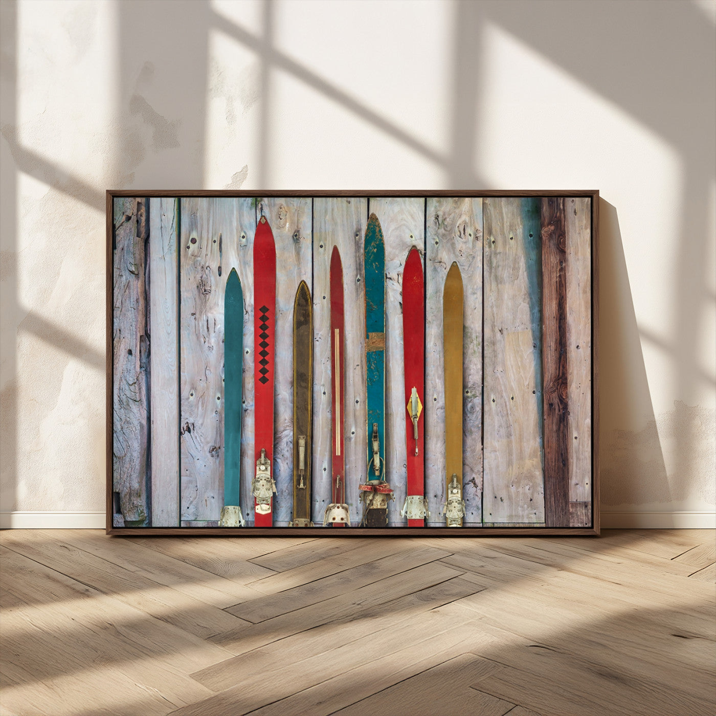 30640-MGV-FC-36X24_Walnut-Vintage Wooden Weathered Ski's in Front of an Old Barn Wall Art Canvas Print for Farmhouse, Cabin