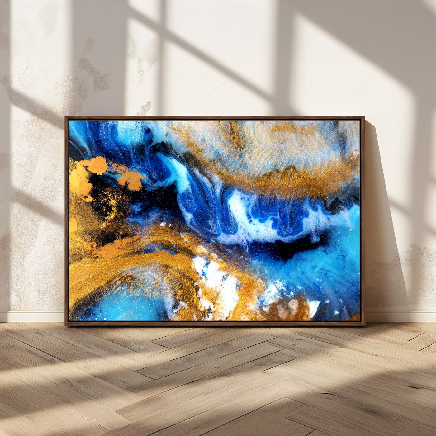 42100-MGV-CV-36X24-Blue Orange Marble Fluid Effect Canvas Wall Art Print