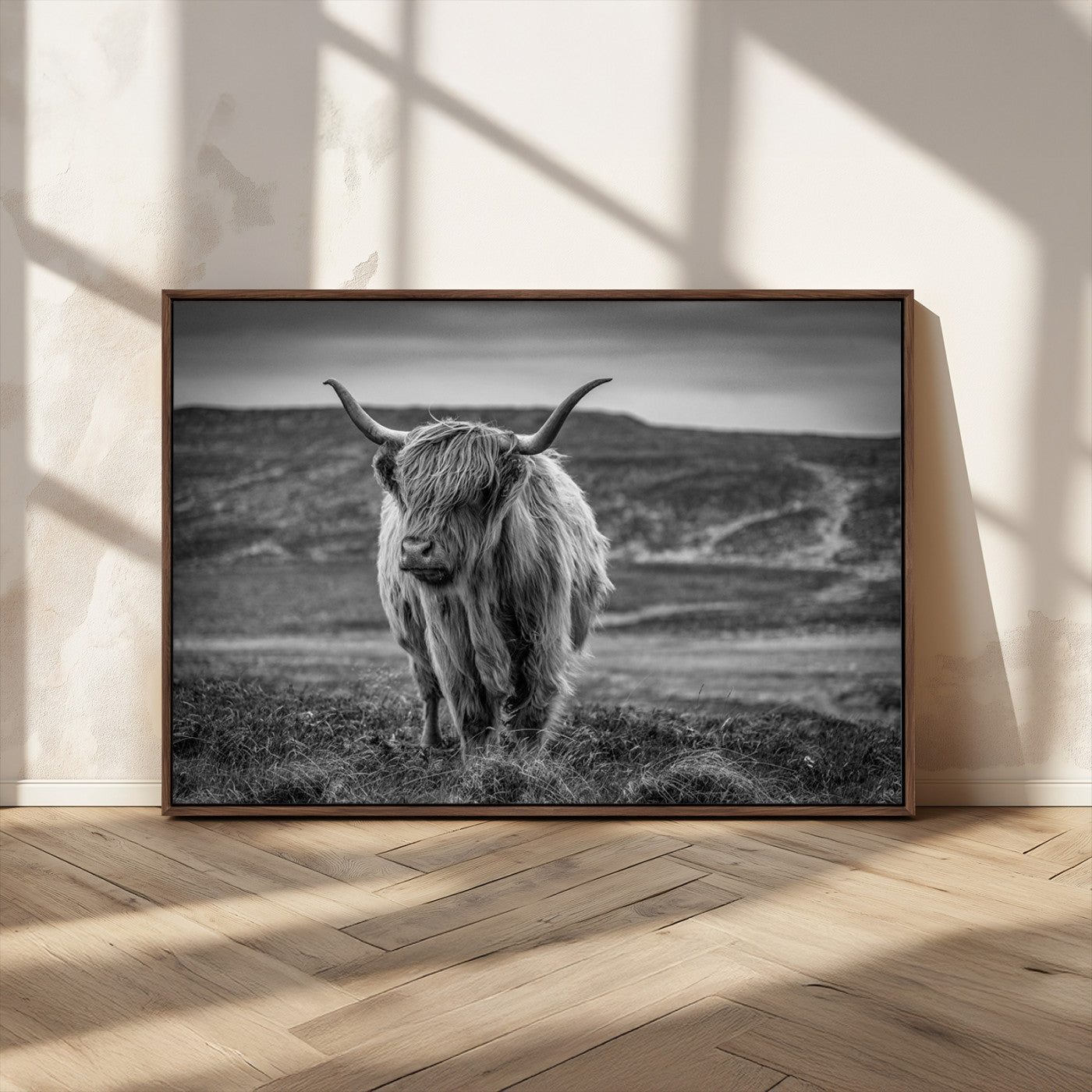 -Fluffy Cattle Wall Art Print, Highland Cow Canvas, Framed Black and white Wall Art