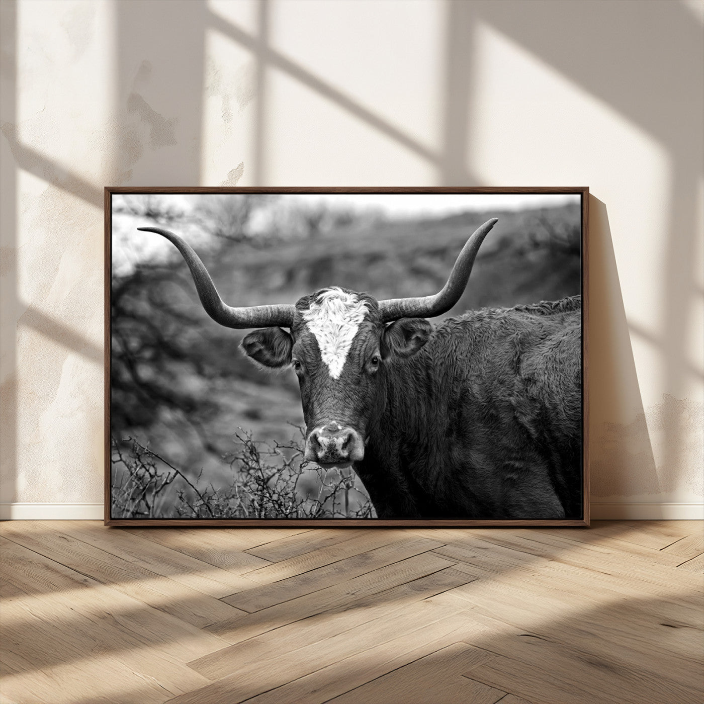 -Western Home Wall Art Canvas Print, Framed Texas Longhorn Art Picture Print, Rustic Cow Perfect Rustic Farmhouse Decor Artwork