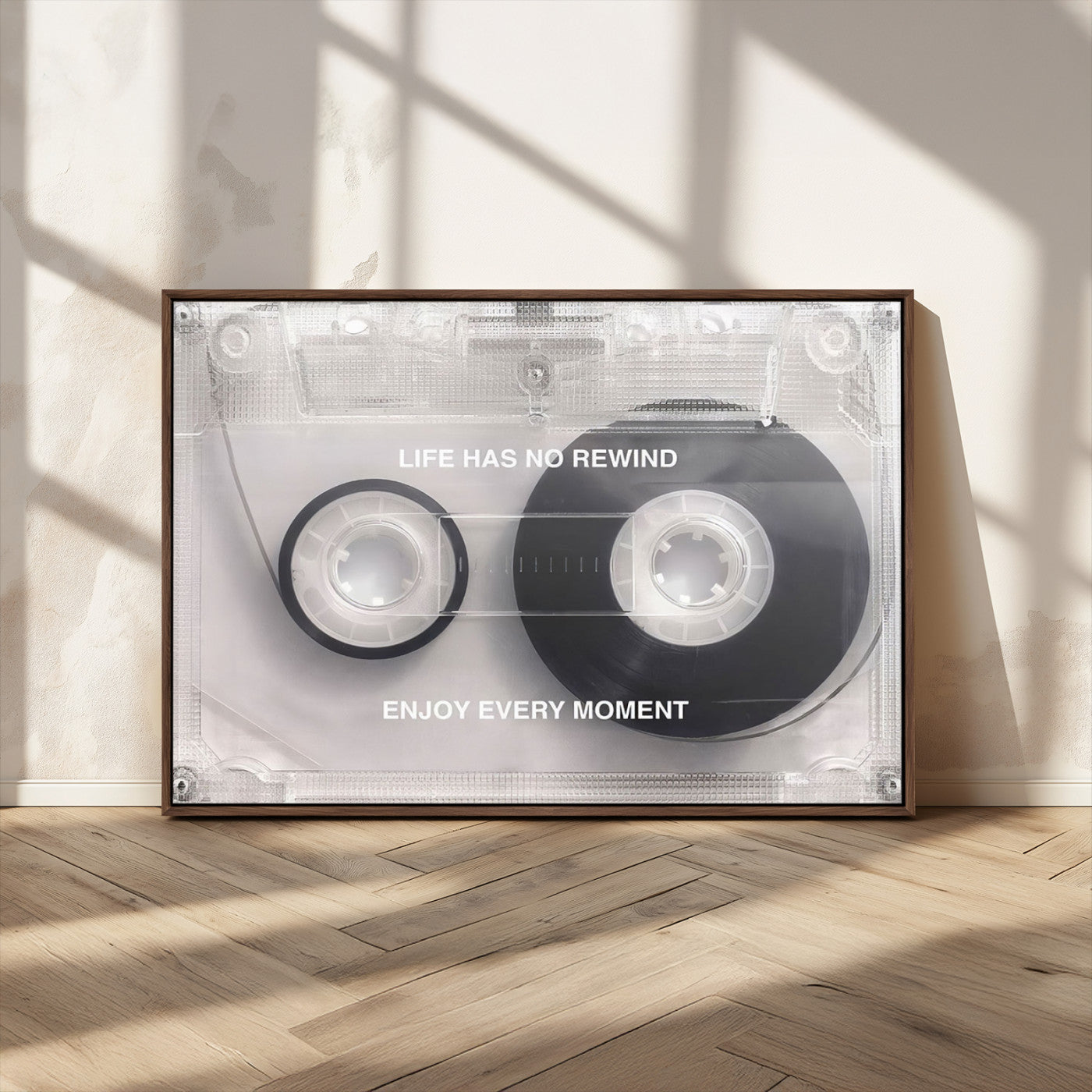 -Vintage Cassette Tape Canvas Wall Art - Inspirational 'Life Has No Rewind' Quote, Retro Music Decor
