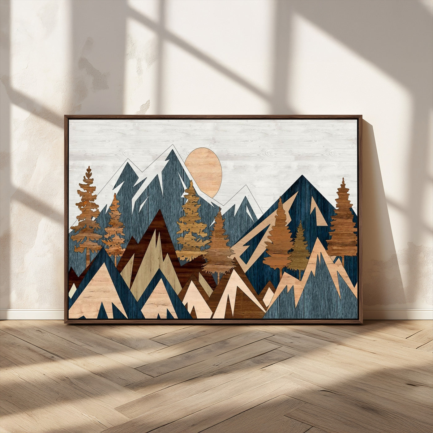 91467-MGV-CV-36X24-Abstract Wood Panel Effect Mountain Range Top Wall Art Canvas Print