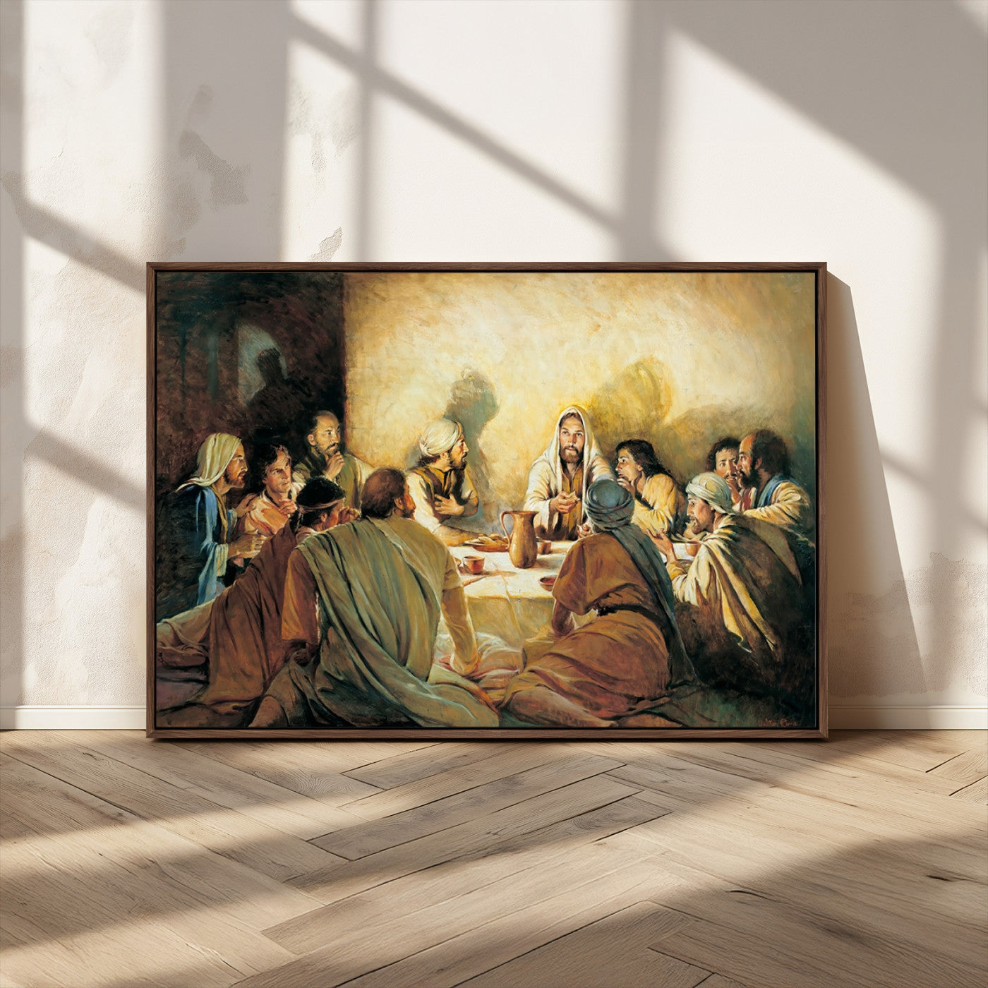 Framed canvas print of the Last Supper, depicting Jesus and his disciples, perfect for religious or Christian-themed home decor.