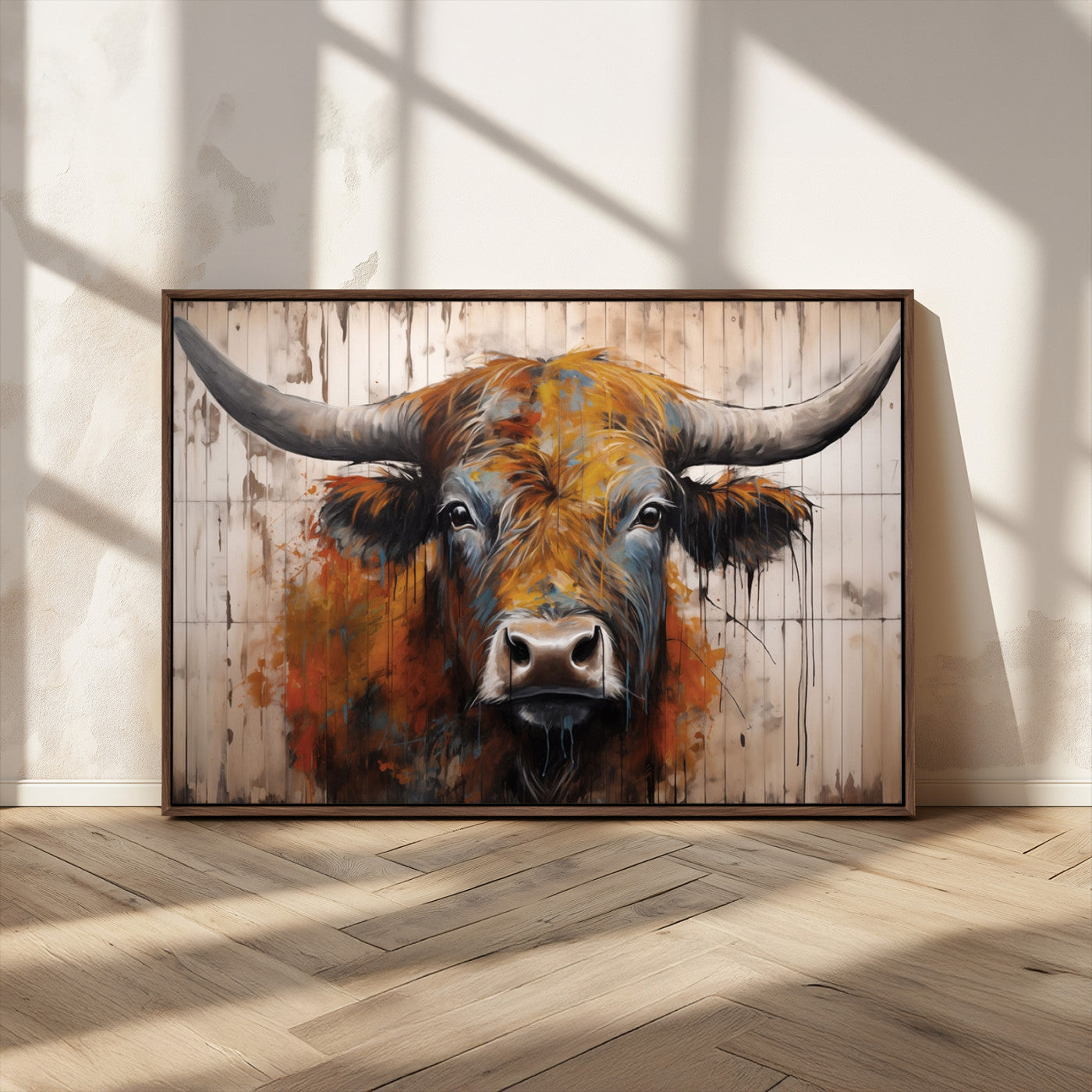 47284-MGV-CV-36X24-Scottish Highland Cow Cattle Art Print on Wood Style Background