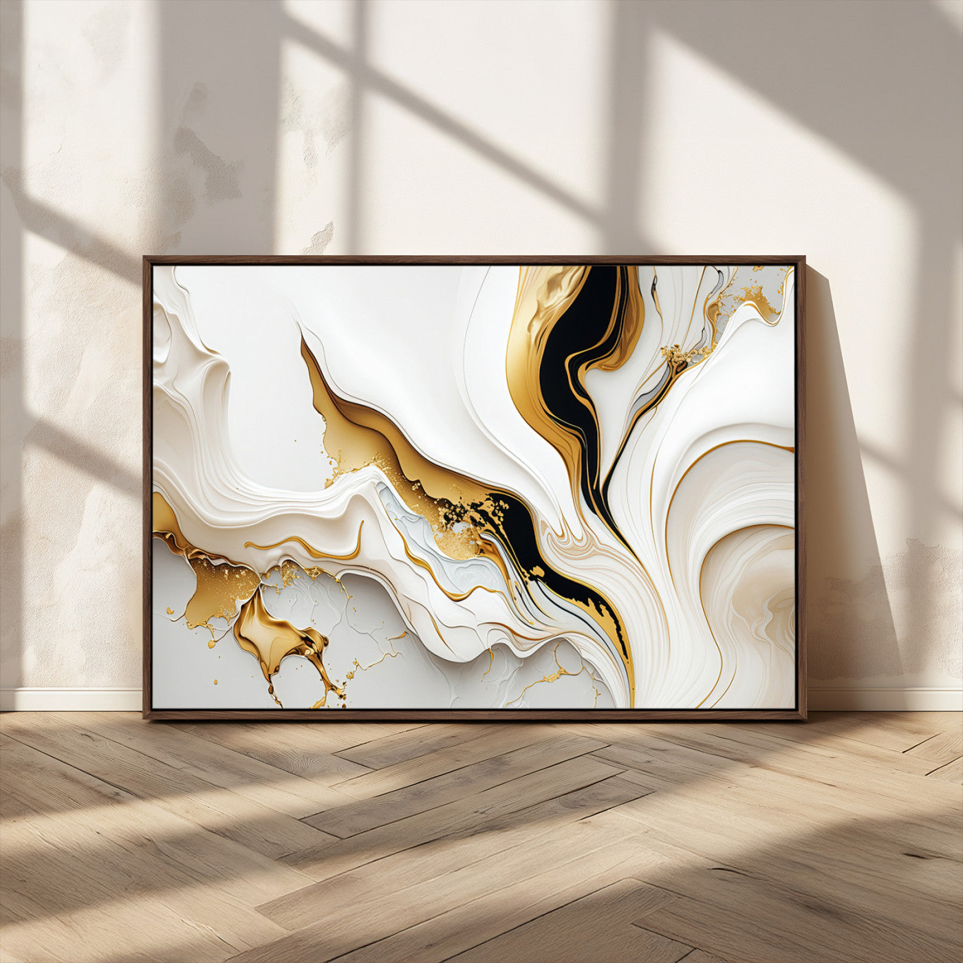 98637-MGV-FC-36X24_Walnut-Gold Waves on Pure White Canvas – Gold Abstract Art for Modern Interiors | Wall Art Canvas, Framed &