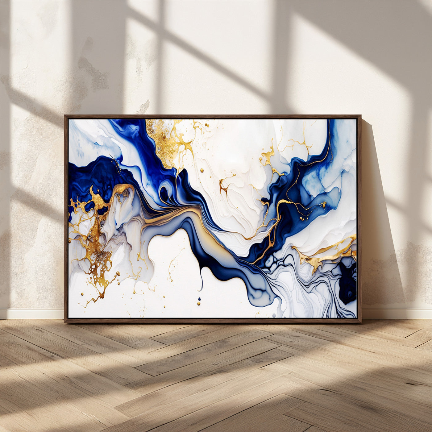 93392-MGV-CV-36X24-Golden Cascades on Midnight Blue – Deep Blue Abstract Wall Art Flowing Elegance | Wall Art Canvas,