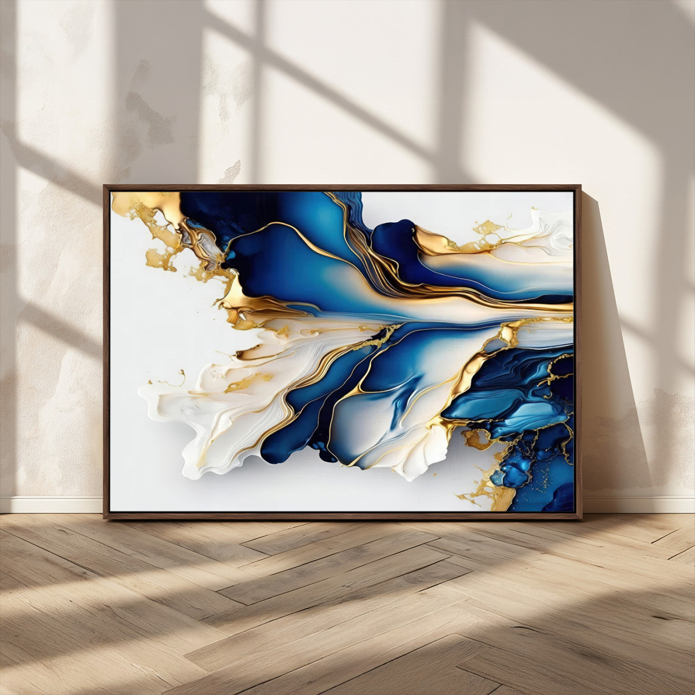 65693-MGV-CV-36X24-Gold Marble Art - Abstract Geode Gold And Blue Marble Shape 3 Pieces Wall Art Canvas Print