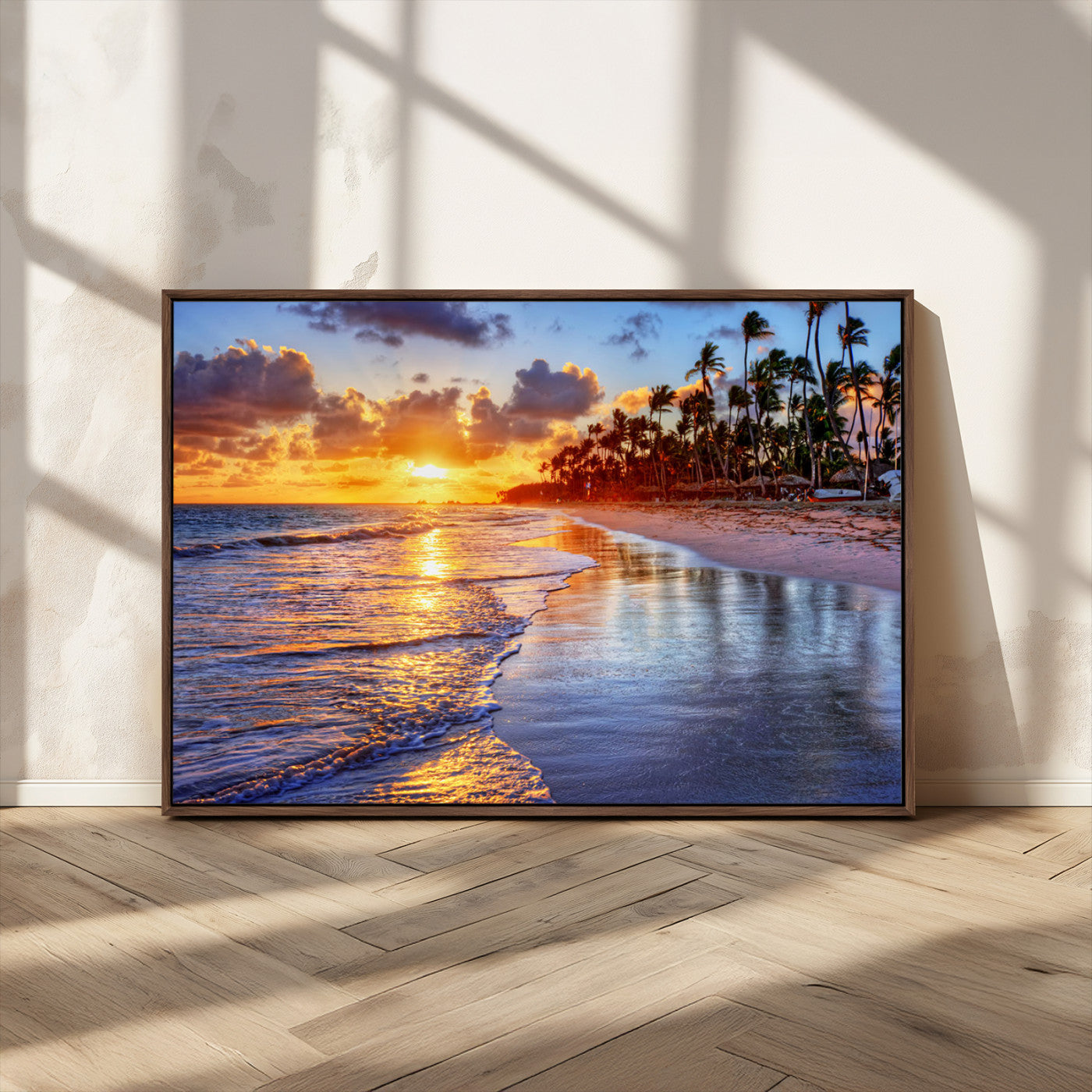 32177-MGV-FC-36X24_Walnut-Serene Beach Sunset Wall Art Canvas- Coastal Seascape Print for Living Room or Bedroom, Ocean Waves