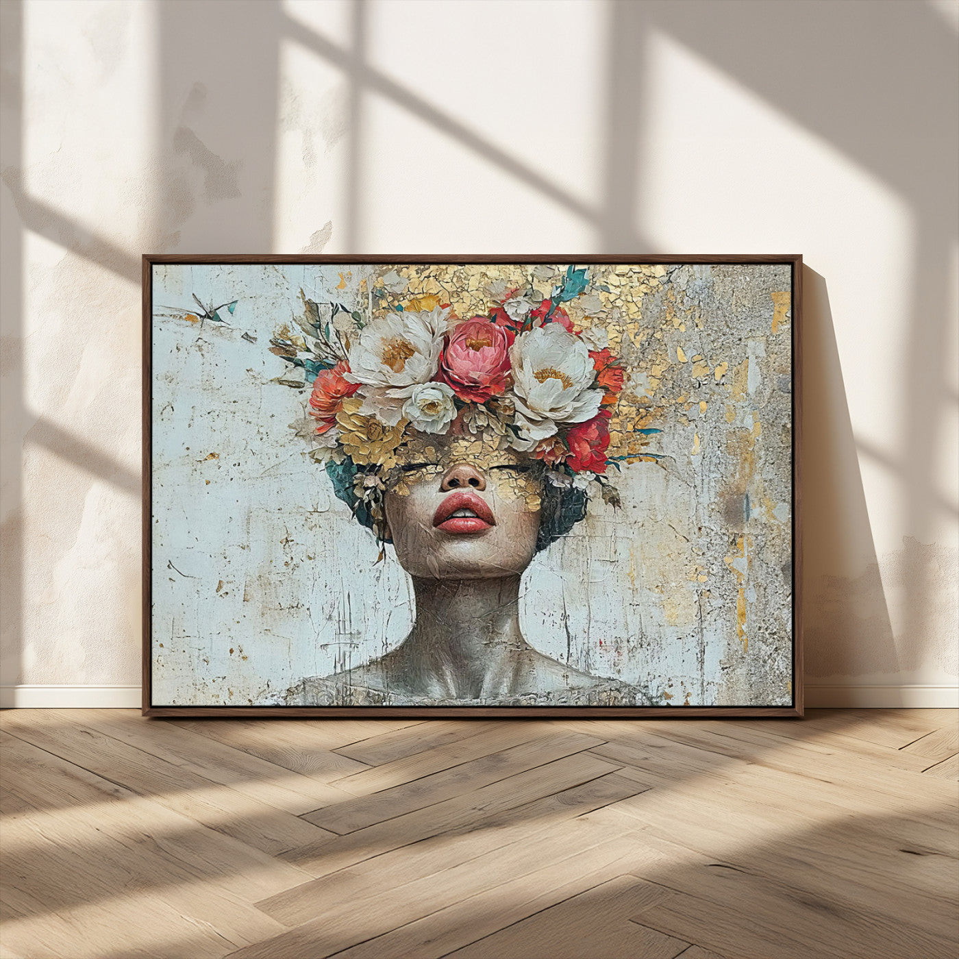 26919-MGV-FC-36X24_Walnut-Golden Petal Wall Art Canvas Print - Silhouette Woman Wall Art Canvas Print, Floral Woman Portrait
