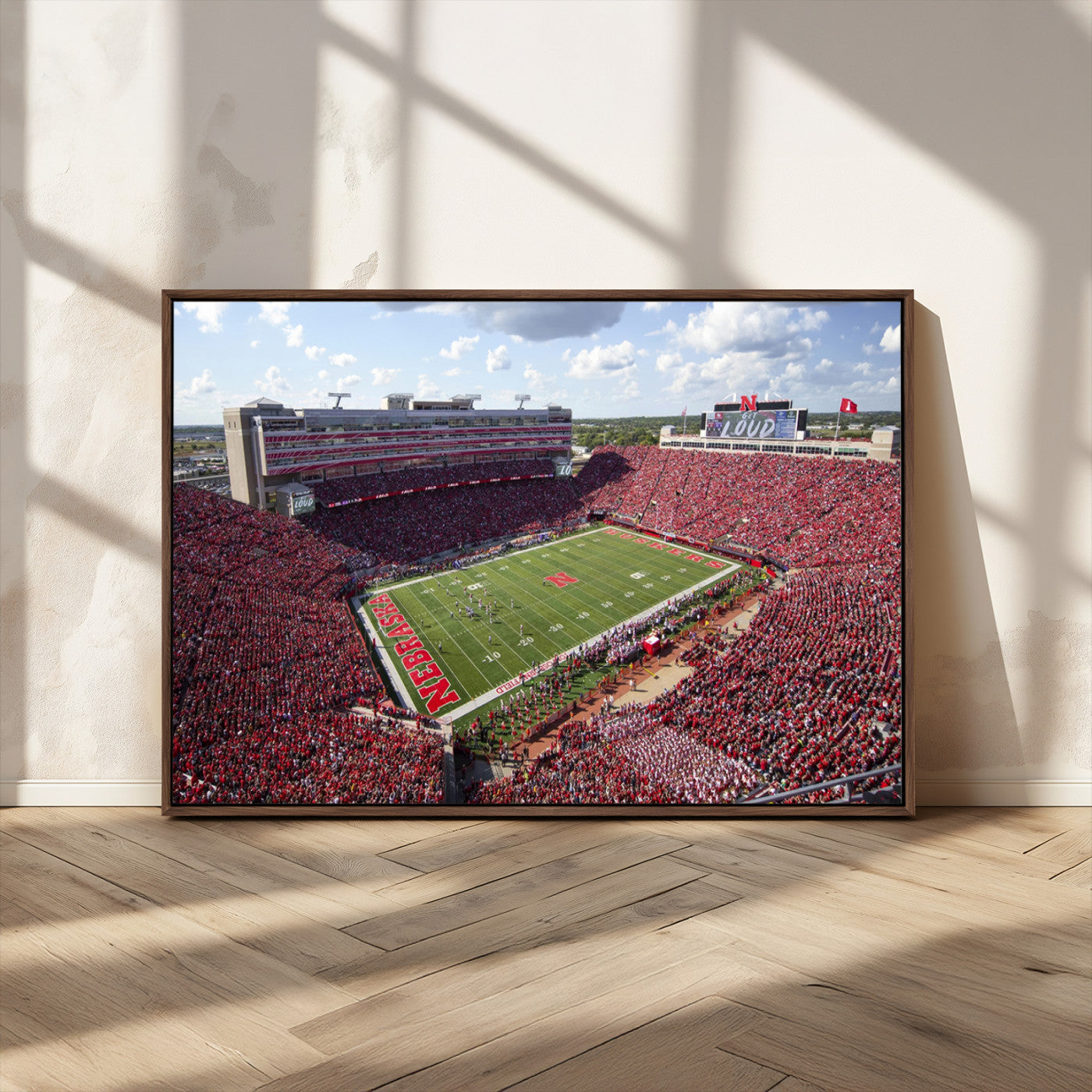84975-MGV-FC-36X24_Walnut-University of Nebraska Cornhuskers Football Team Print - Lincoln Memorial Stadium Wall Art Canvas