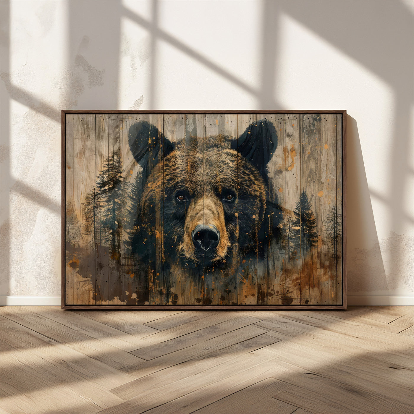 51373-MGV-CV-36X24-Abstract 399 Bear Wall Art | Rustic Cabin Wall Decor with Forest Design | Framed and Ready to Hang |