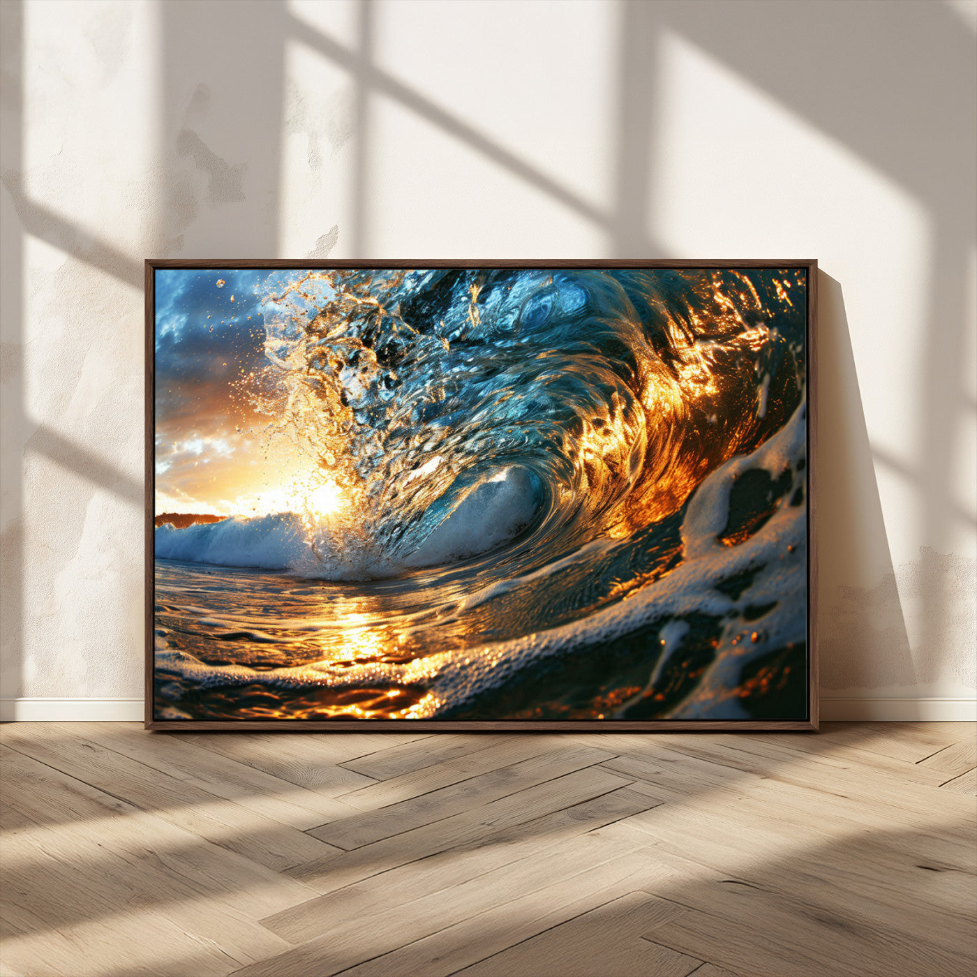 41370-MGV-FC-36X24_Walnut-Ocean Wave at Sunset Canvas Wall Art – Vibrant Coastal Beach Waves Print, Large Nautical Decor,