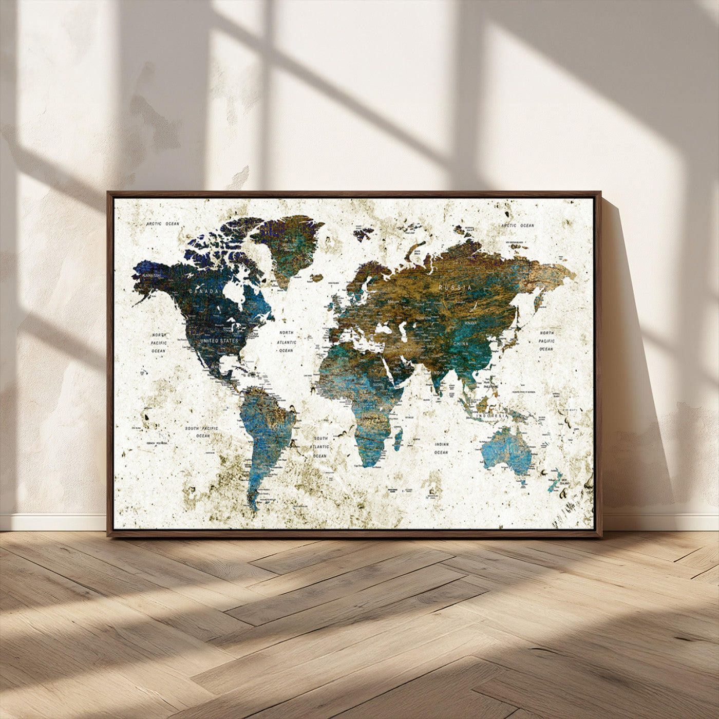 89176-MGV-CV-36X24-Vintage Blue and Brown World Map Canvas Wall Art – Framed Rustic Map Print, Earth Tone Travel Decor for Stylish Home and Office Walls