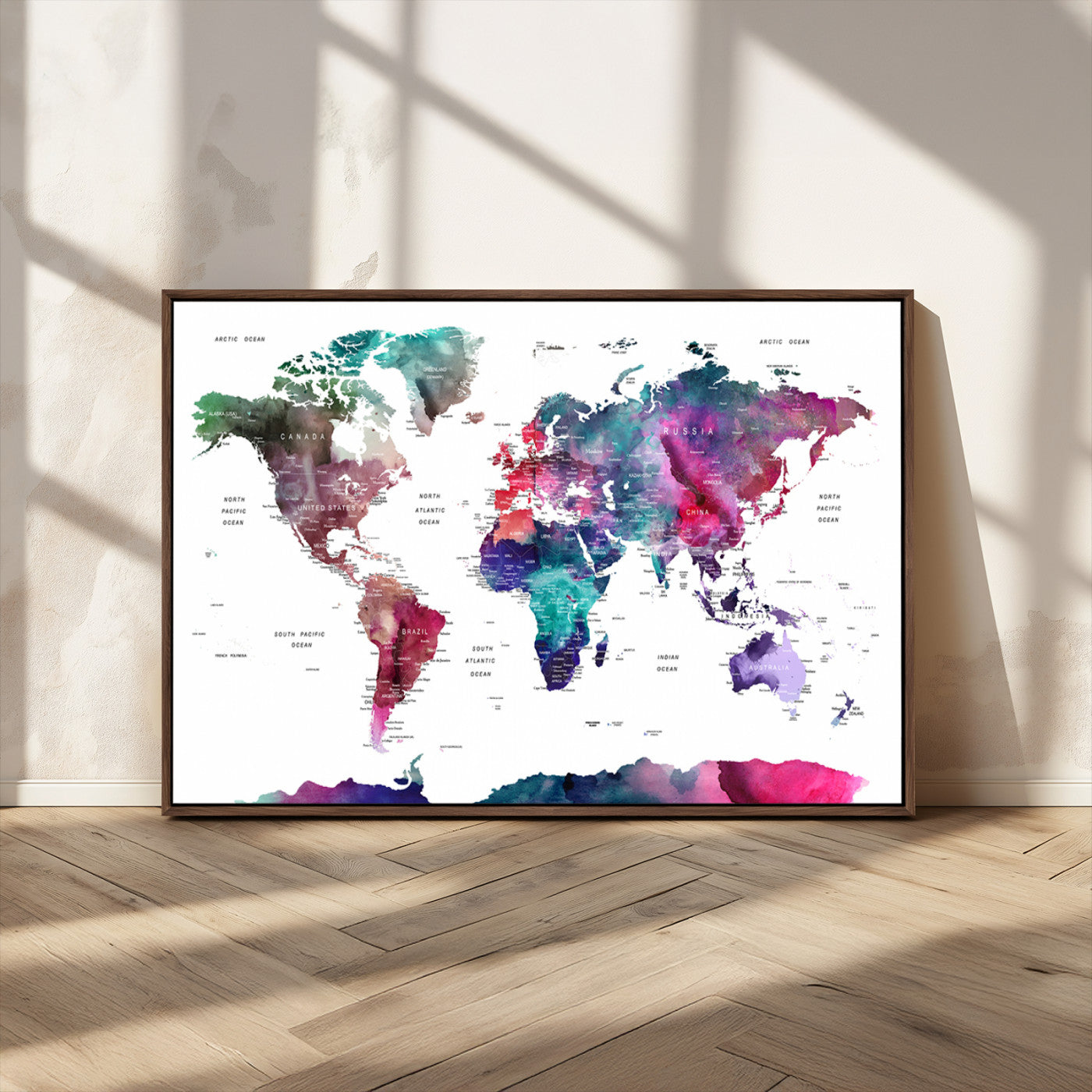 78176-MGV-CV-36X24-Colorful Watercolor World Map Canvas Wall Art – Framed Modern Map Print, Vibrant Travel Inspired Artwork for Home and Office Decor