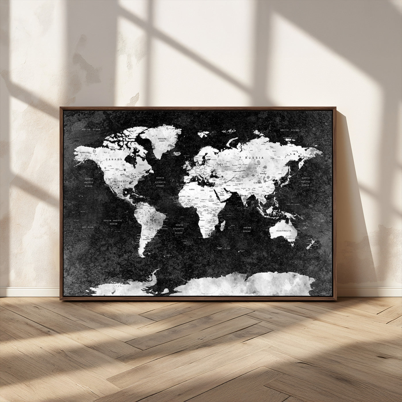 90682-MGV-CV-36X24-Black and White World Map Canvas Print – Framed Push Pin Wall Art for Couples, Modern Minimalist Travel Map for Elegant Home and Office Decor