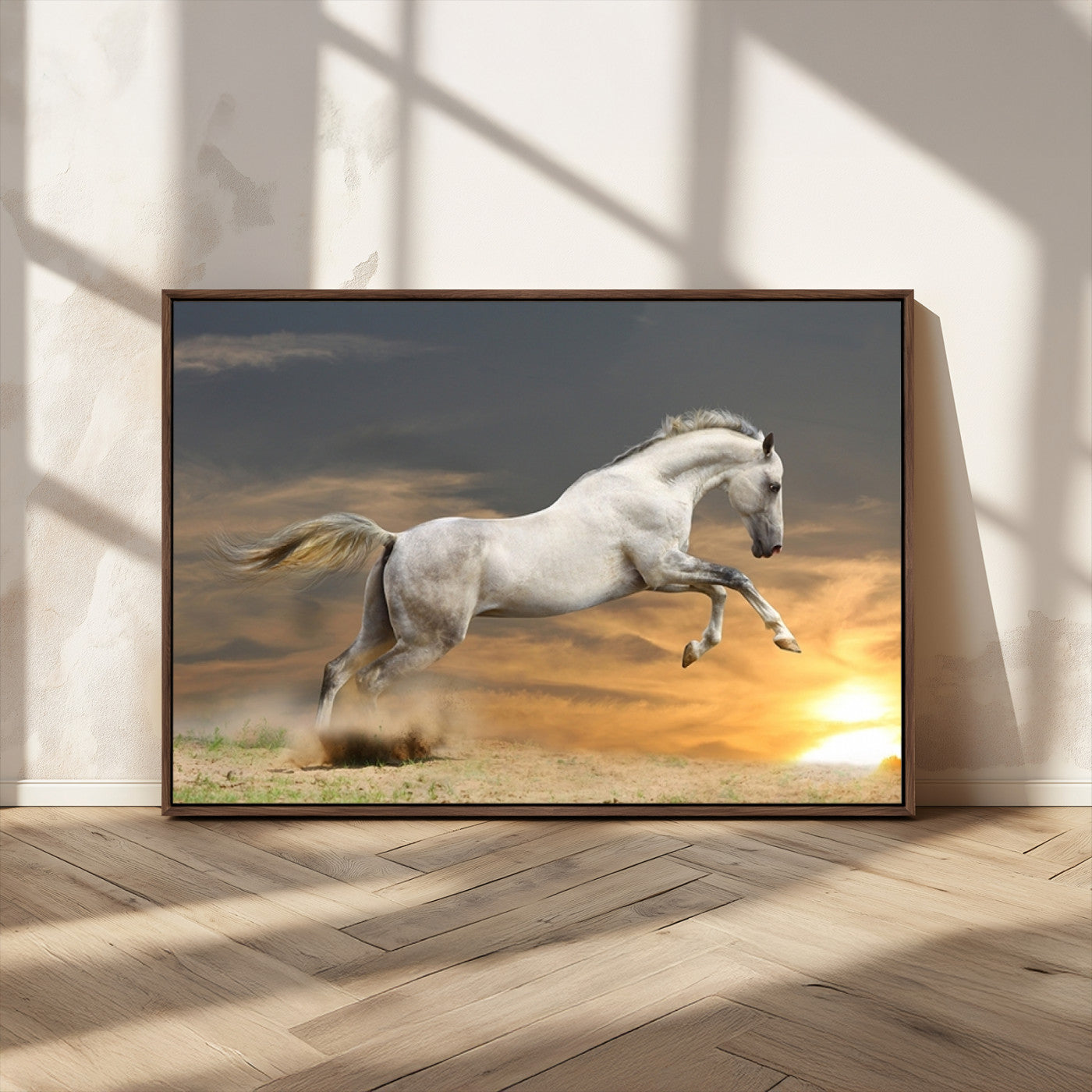 -Large Wall Art Canvas Print – White Jumping Horse Sunset Scene Animal Artwork for Home, Office, Living Room Decor