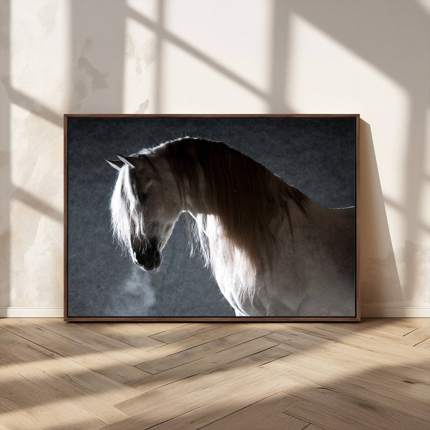 -Large Wall Art Cream Colored Horse on Grey Background Canvas Print