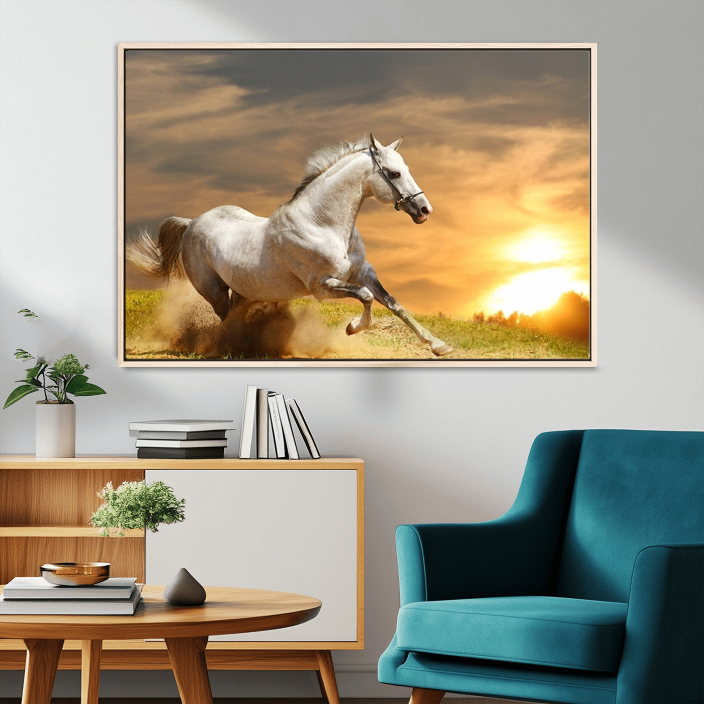 -Large Wall Art Galloping White Horse at Sunset Canvas Print