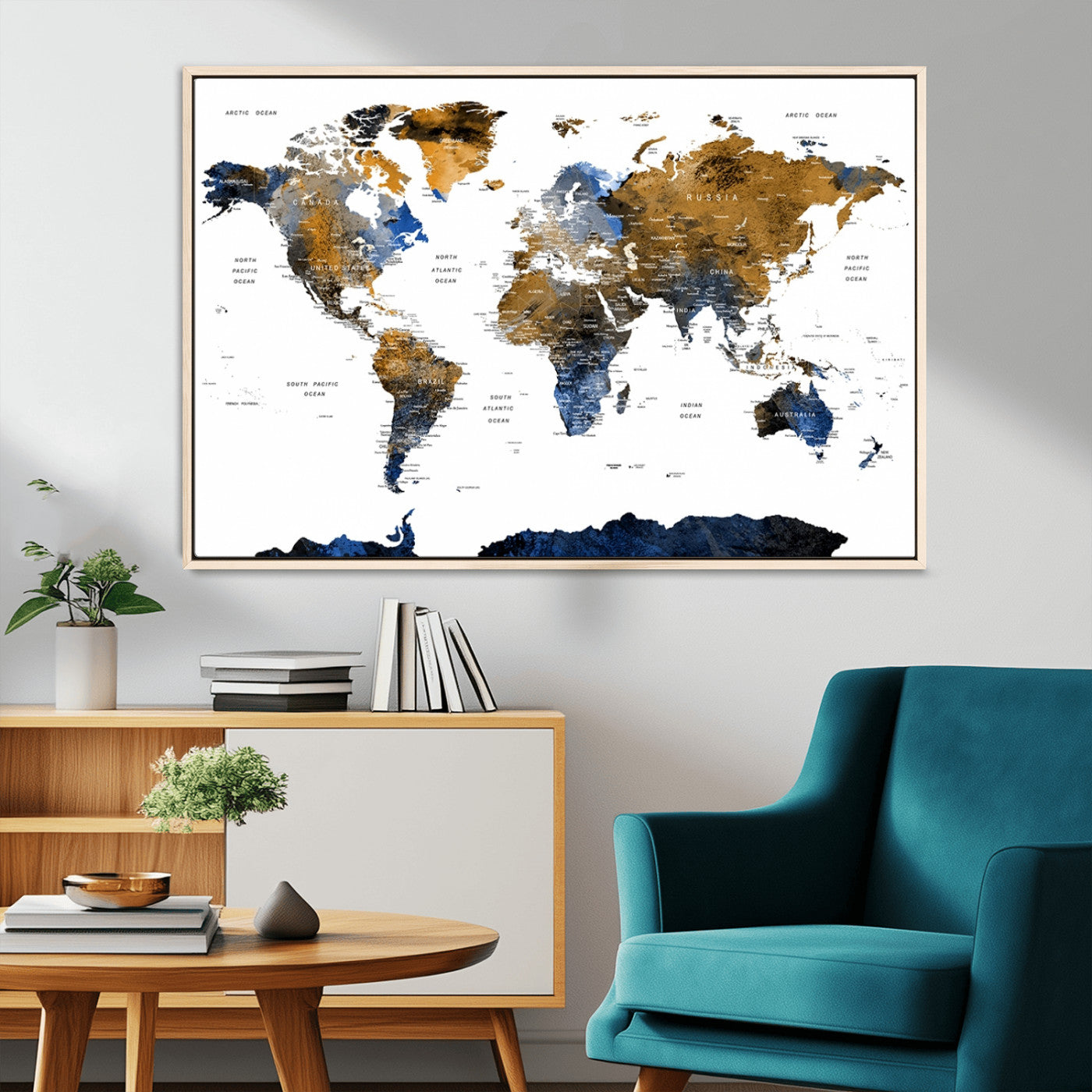 56231-MGV-CV-36X24-Navy and Gold World Map Canvas Wall Art – Framed Modern World Map Print, Elegant Travel Inspired Artwork for Home and Office Decor