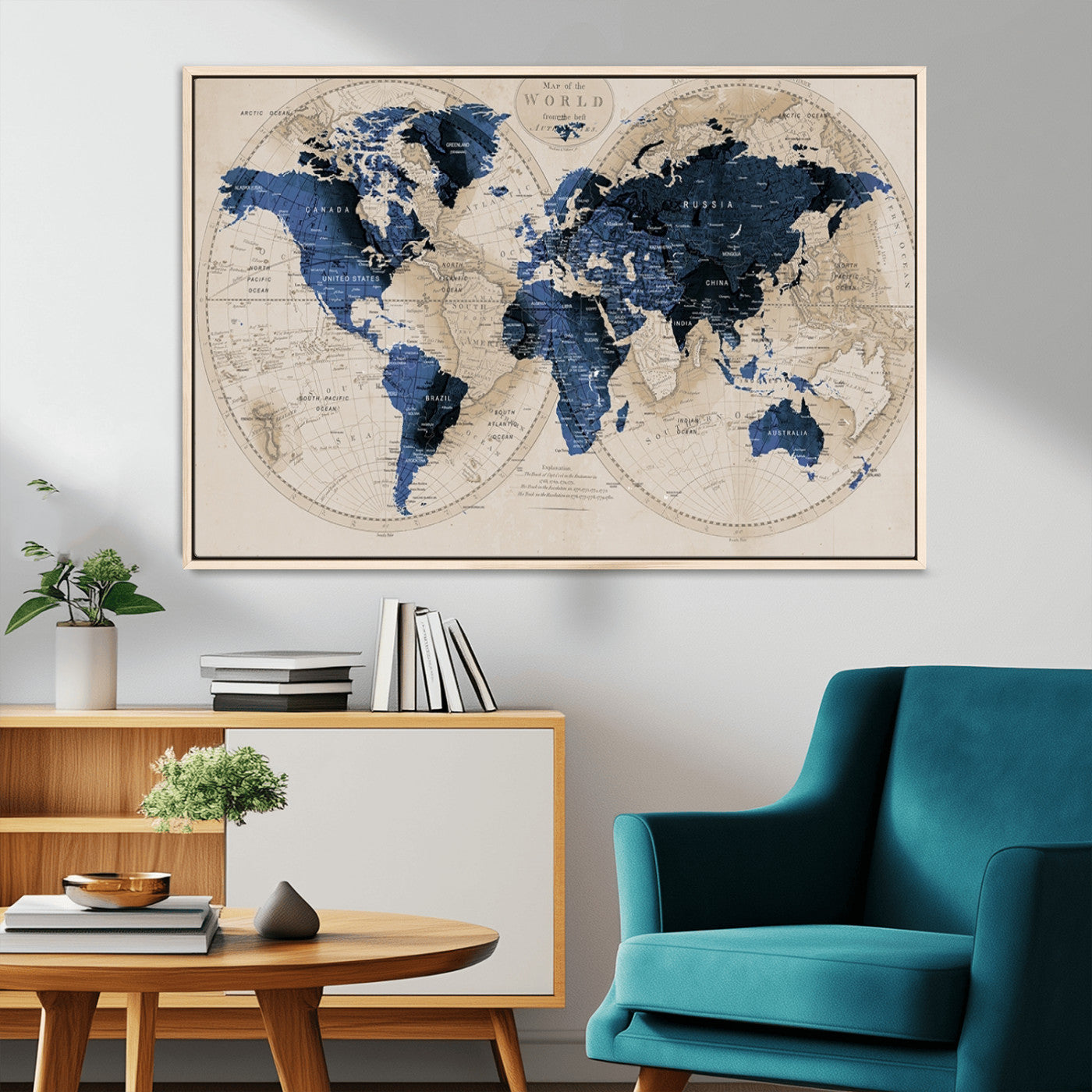 67444-MGV-CV-36X24-Vintage Blue World Map Canvas Wall Art – Antique Style Framed Map Print, Elegant Travel Decor for Home Office or Study