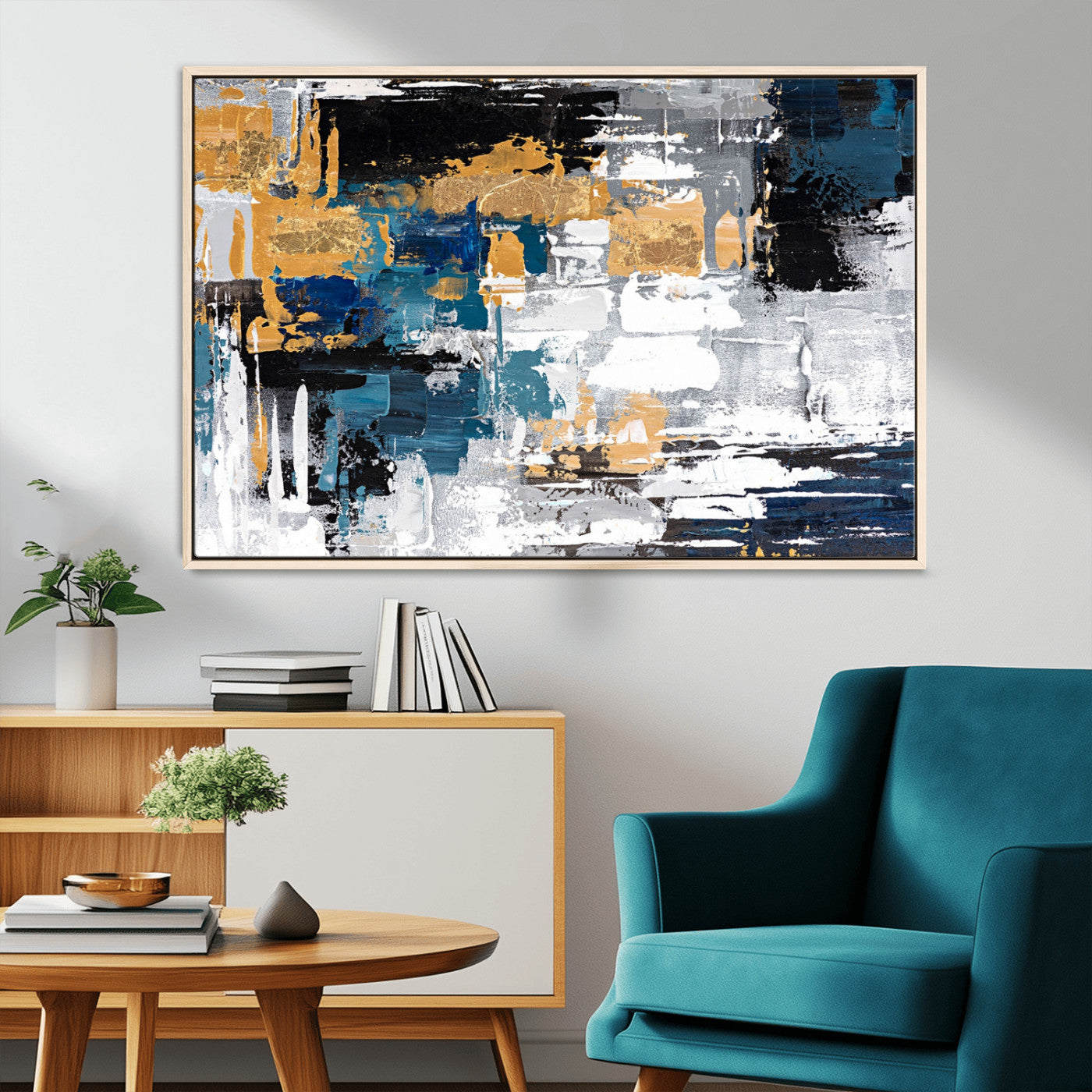 57708-MGV-CV-36X24-Blue and Gold Abstract Canvas Wall Art – Triptych Modern Painting for Living Room – Framed and Ready