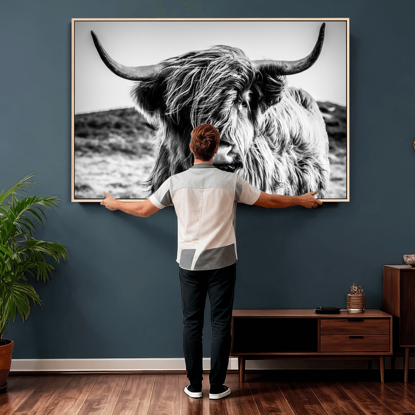36979-MGV-CV-36X24 - Handsome Scottish Cow Black and White Wall Decor Canvas Art Print Extra Large Wall Art Highland Cattle Canvas Picture Animal Art Nature Photography High Quality Original Canvas Framed Ready to Hang