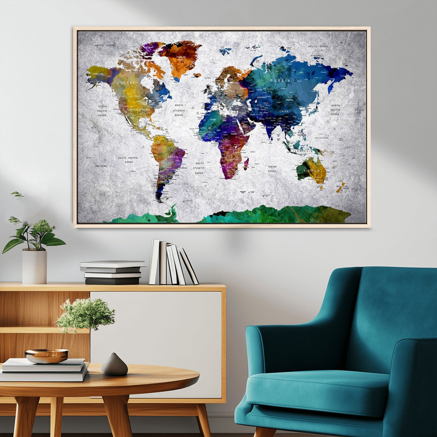 26840-MGV-CV-36X24-Push Pin World Map Canvas Print – Framed Travel Tracker Wall Art for Couples, Anniversary Gift and Modern Home Decor