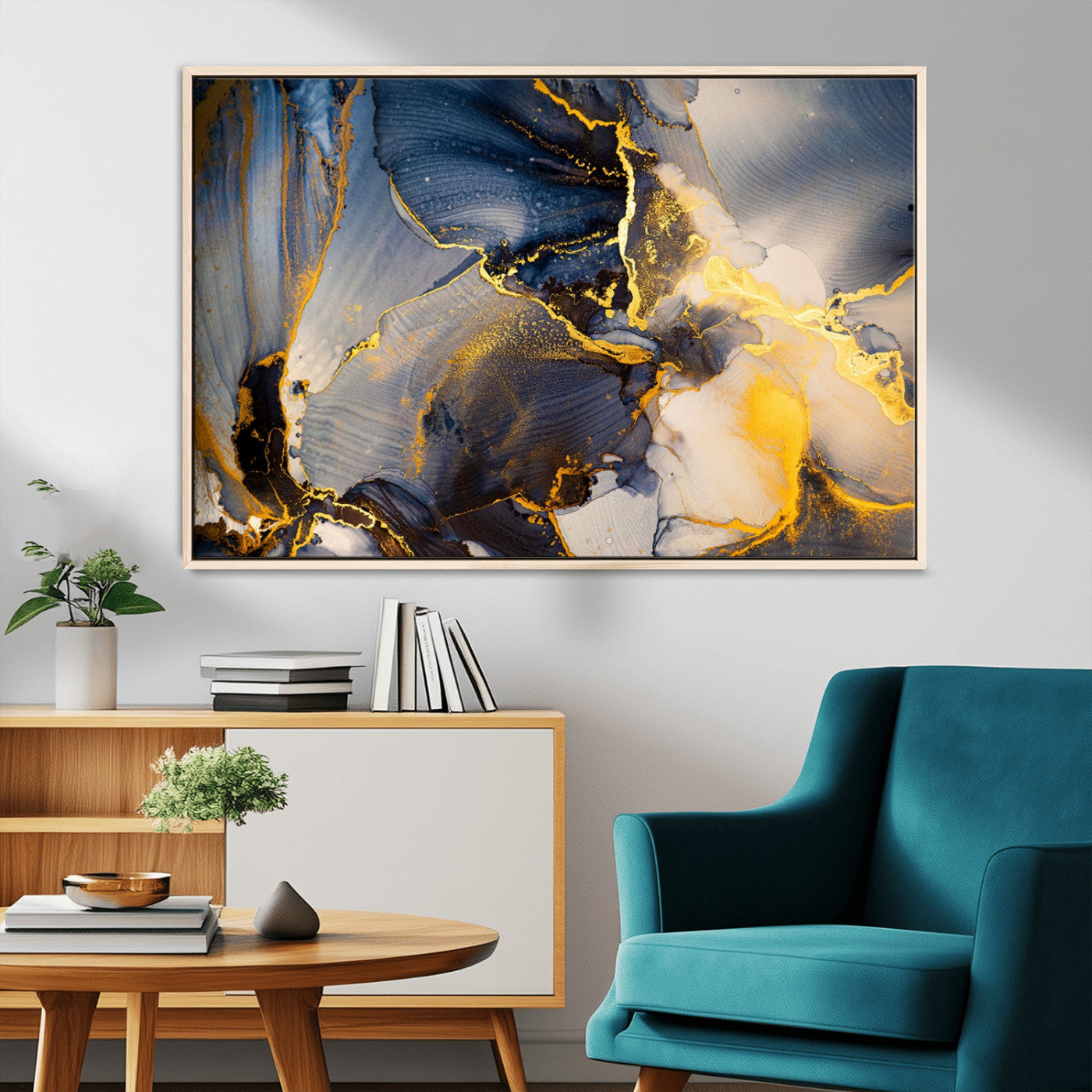 42100-MGV-CV-36X24-Large Abstract Wall Art Print - Gold and Blue Abstract Canvas Wall Art | Fluid Ink Modern Luxury