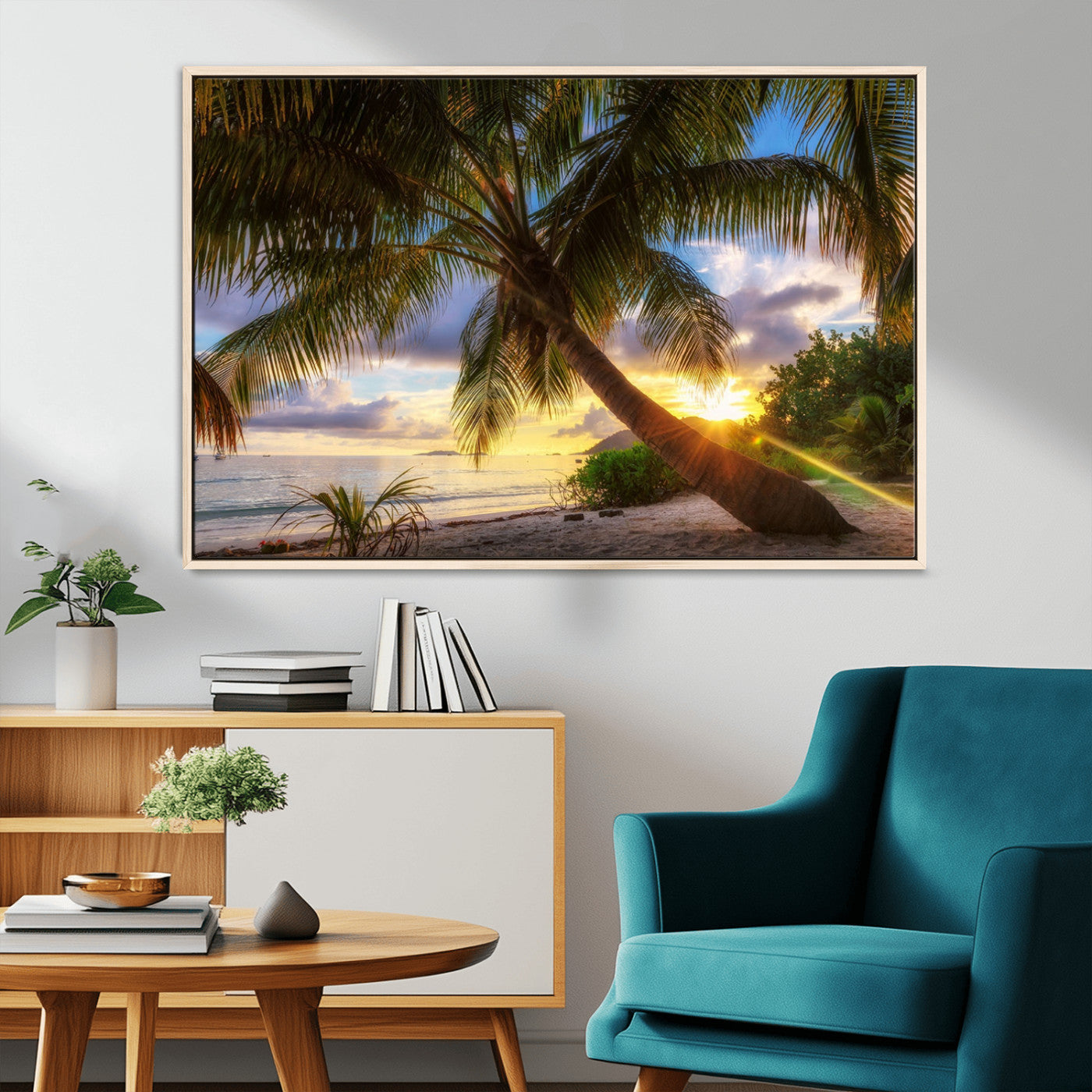 -Tropical Island Sunset on the Beach Palms Wall Art Canvas Print