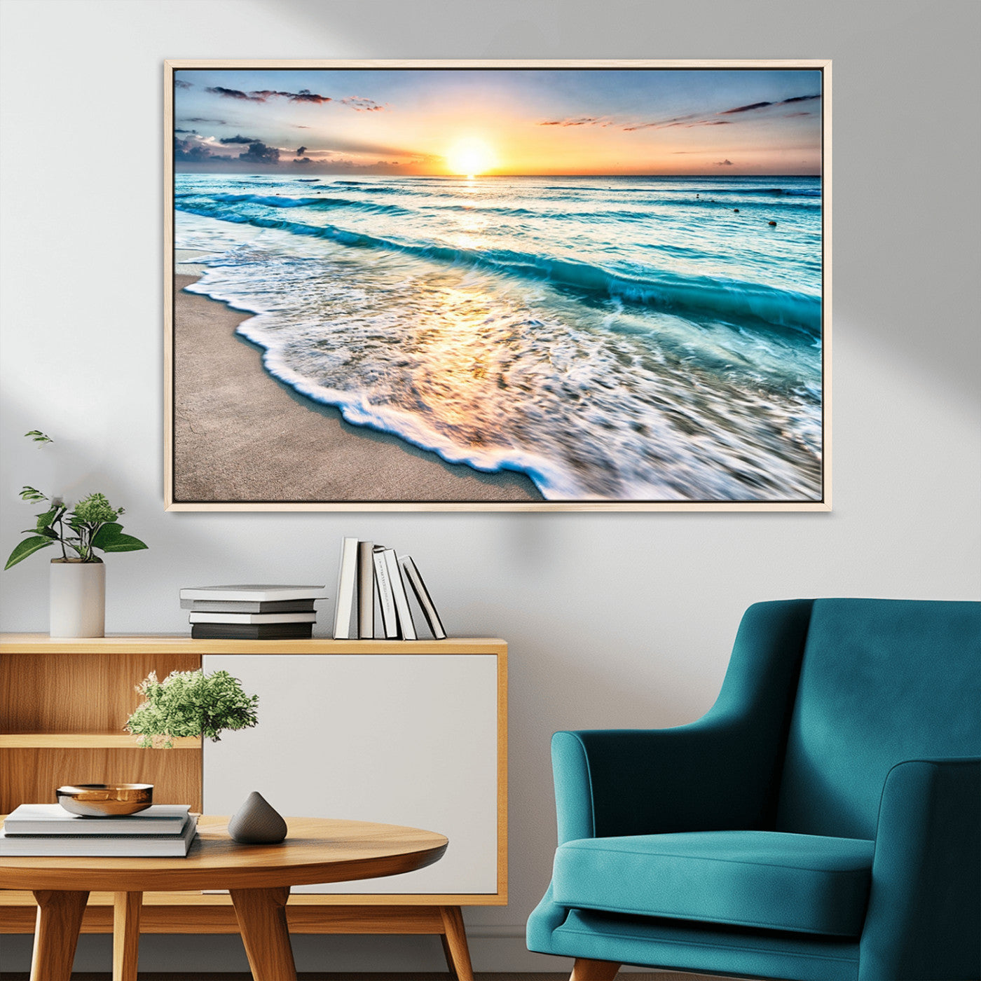 27815-MGV-CV-36X24-Sunset Beach Waves Canvas Wall Art – 5-Panel Ocean Sunset Print – Coastal Decor for Living Room or