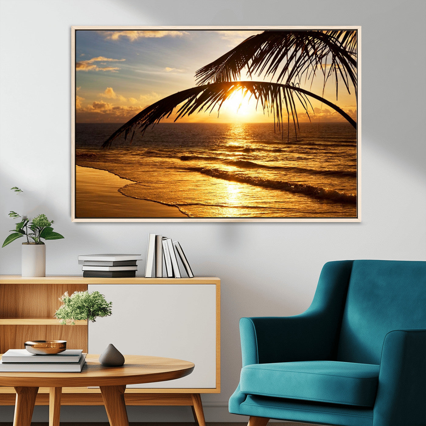 -Golden Tropical Beach Sunset Canvas Triptych, Coastal Palm Tree Wall Art, Ocean Shoreline Giclee