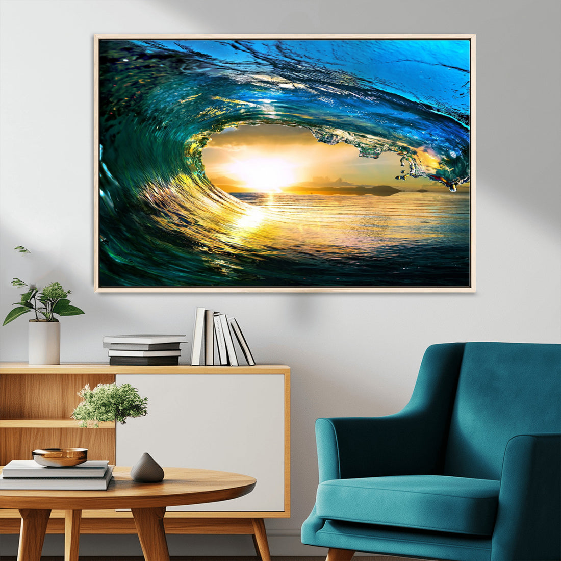 Ocean Wave at Sunset Canvas Art, Large Wall Print of Vibrant Surfing Wave