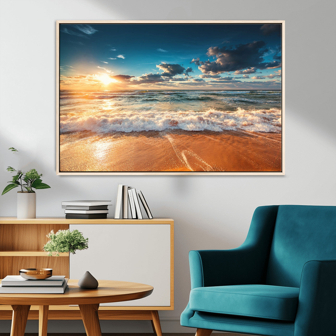-Golden Sunset Beach Triptych Canvas Art, Giclee Coastal Wall Decor, Ocean Waves Print, Modern Beach