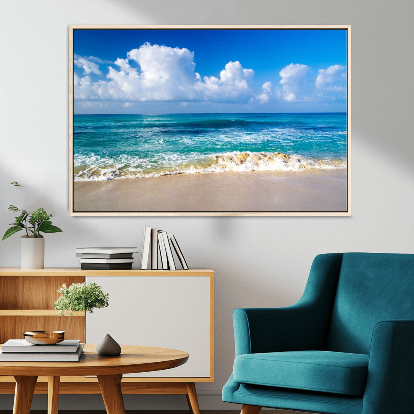60364-MGV-CV-36X24-Tropical Beach 3-Panel Canvas Wall Art – Serene Ocean Waves and Blue Sky Wall Art Print
