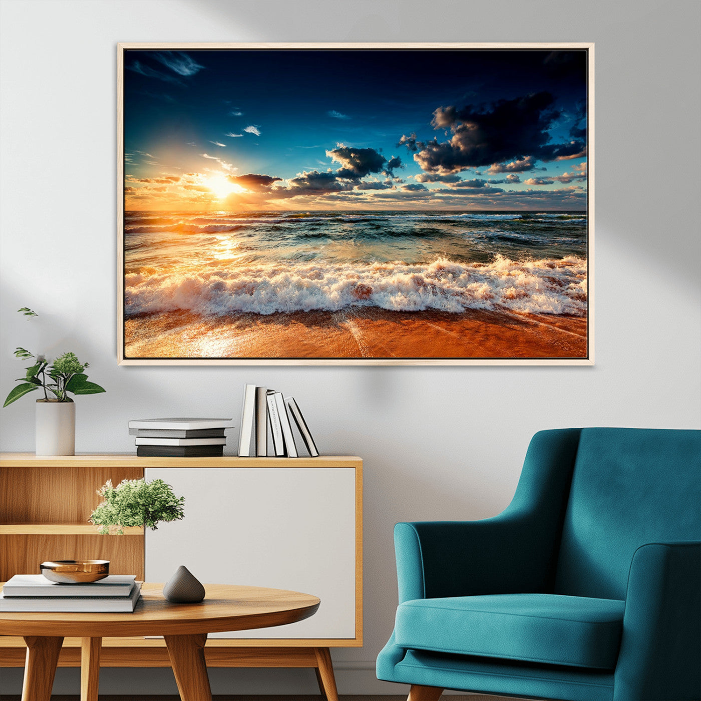 26996-MGV-CV-36X24-Golden Hour Sunset Over Ocean Waves Wall Art Canvas Print | 3 Panel Coastal Landscape Canvas Wall
