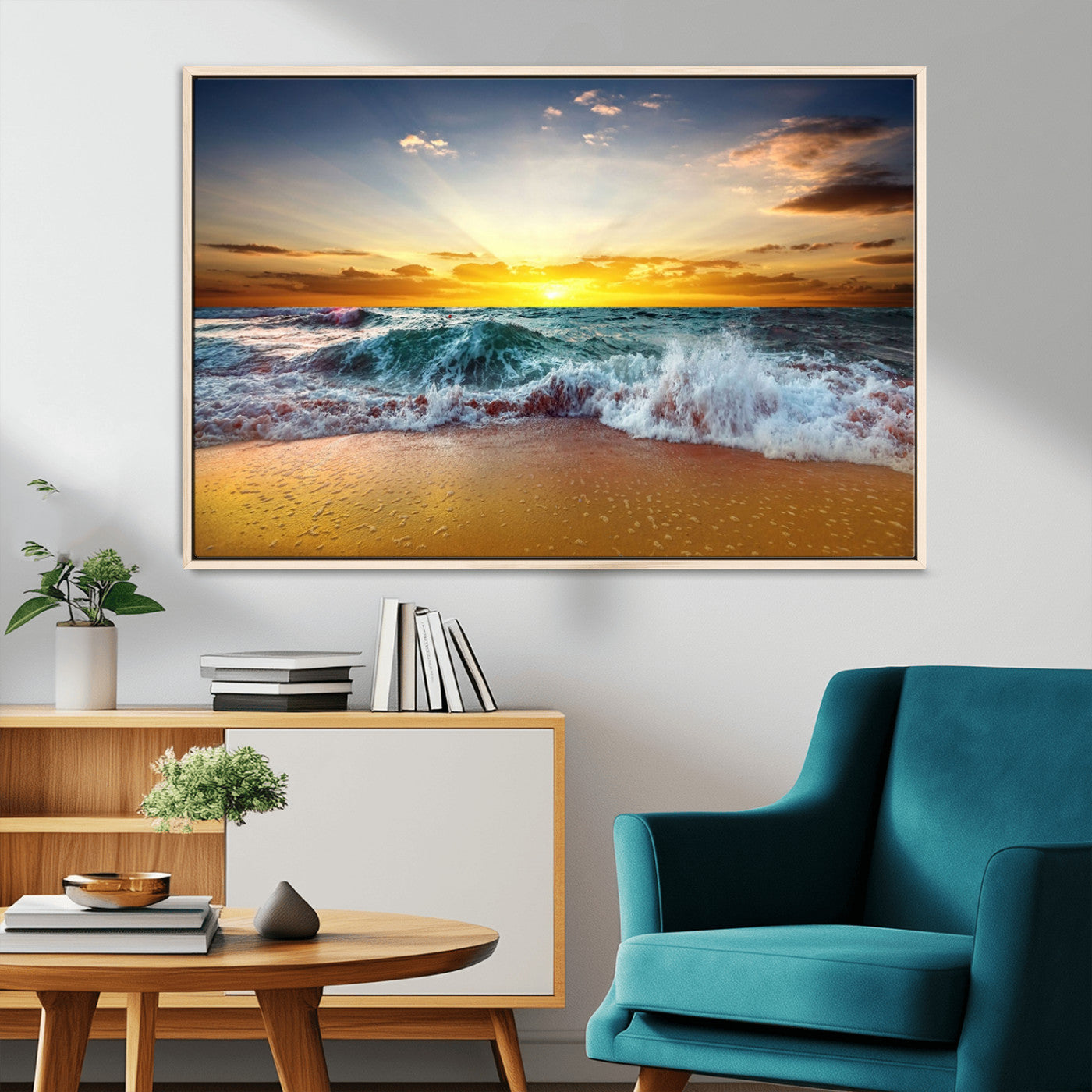 73401-MGV-CV-36X24-Golden Sunset Ocean Waves Wall Art Canvas Print – Multi Panel Beach Canvas Print Set – Large Coastal